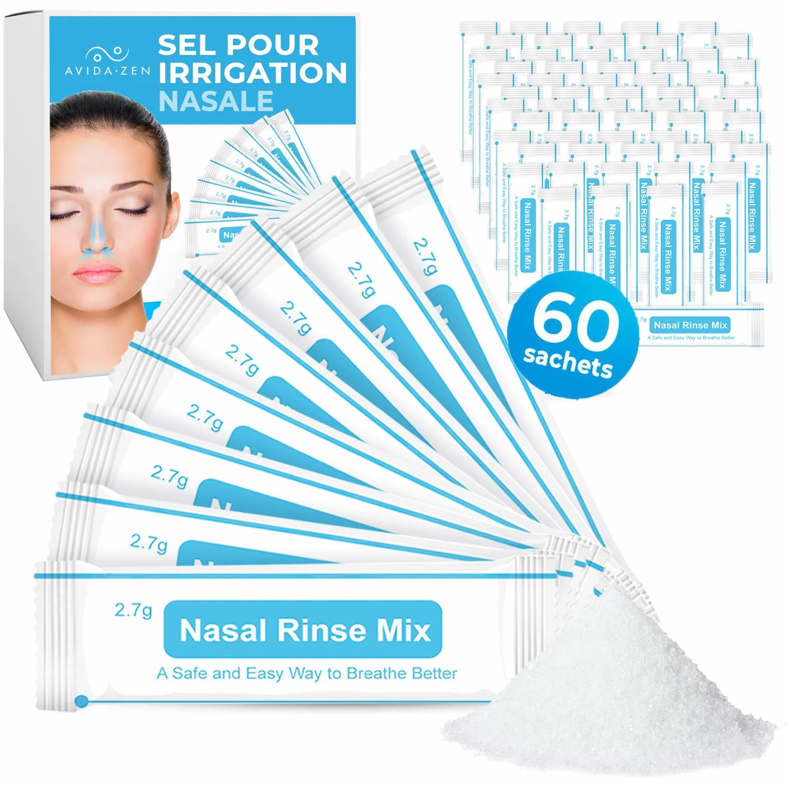 AVIDA ZEN Sel Nasal Lavage Nez Adultes 2,7g Rinçage Nasal Lot 60 Sachets
