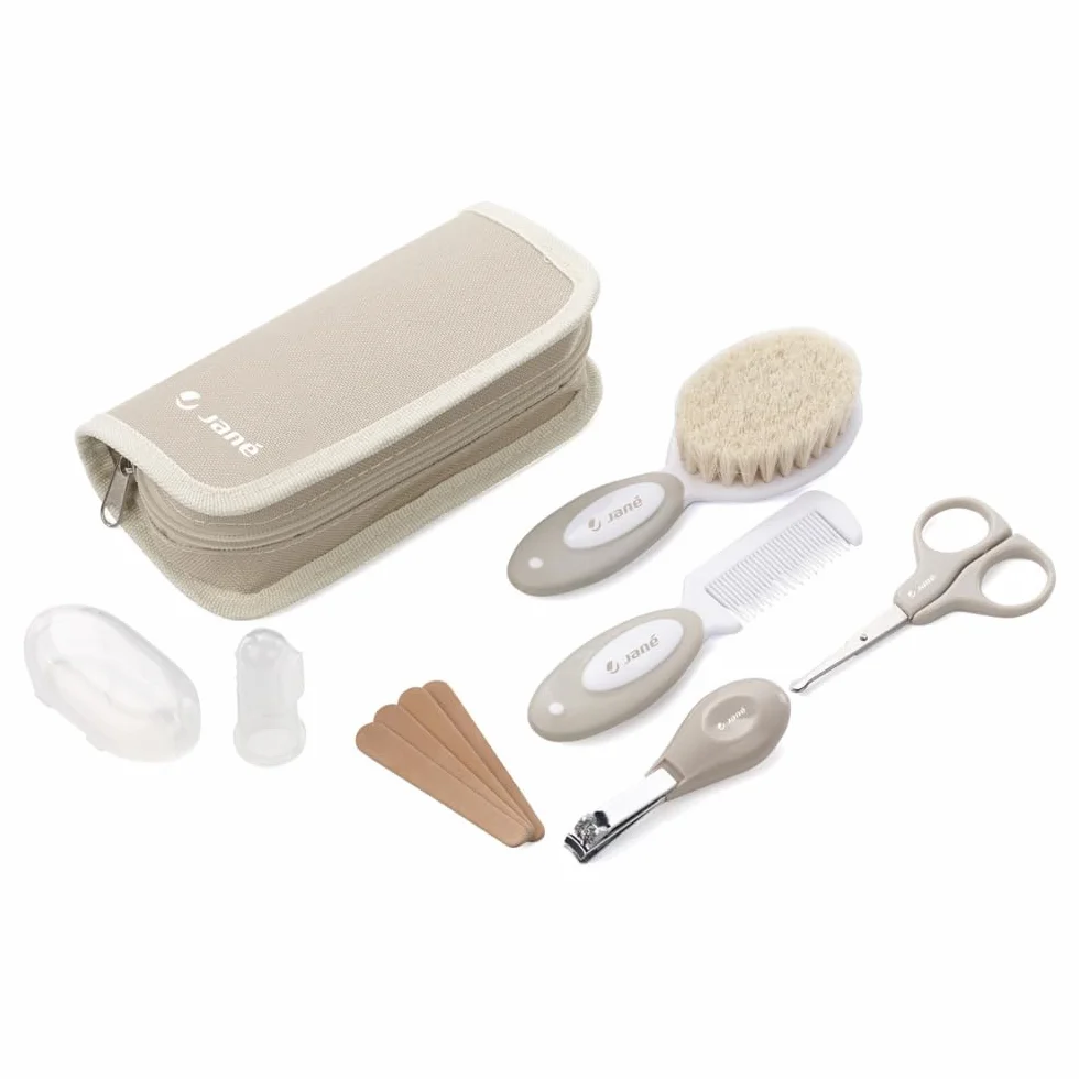 Jané Kit Hygiène Bébé 8 Pièces, Brosse Poils Naturels, Ciseaux, Coupe-ongles, Lime, Brosse Dentaire Silicone, Beige