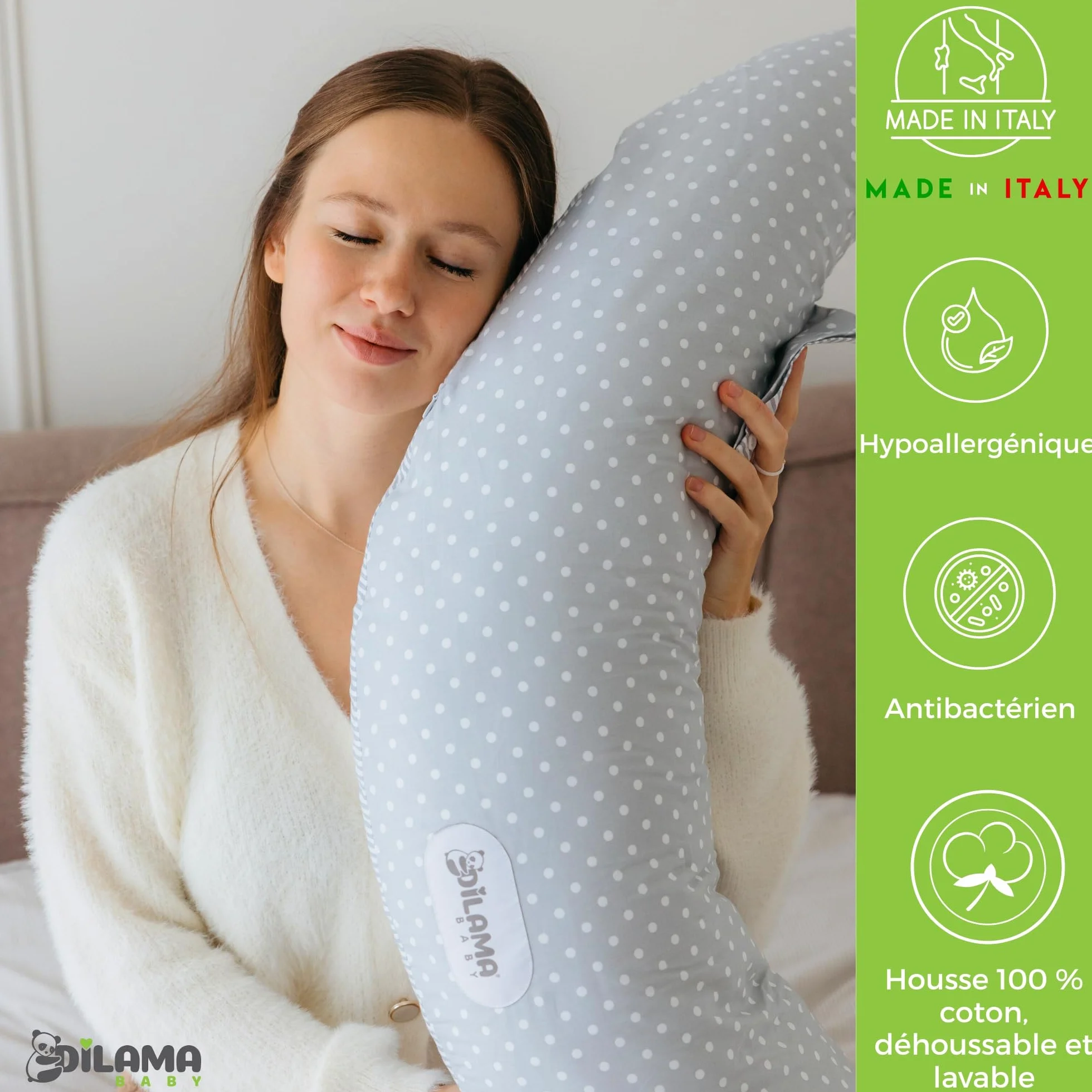 Dilamababy Coussin de Grossesse et d’Allaitement en Flocons de Mousse Mémoire et Boules de Fibre – Oreiller de Maternité Ergonomique – Housse Coton Amovible