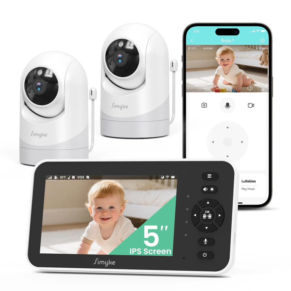 Simyke Moniteur vidéo pour bébé 1080p avec 2 caméras - Écran IPS de 12,7 cm avec contrôle par application, vision nocturne HD, alertes de mouvement, conversation bidirectionnelle, accès