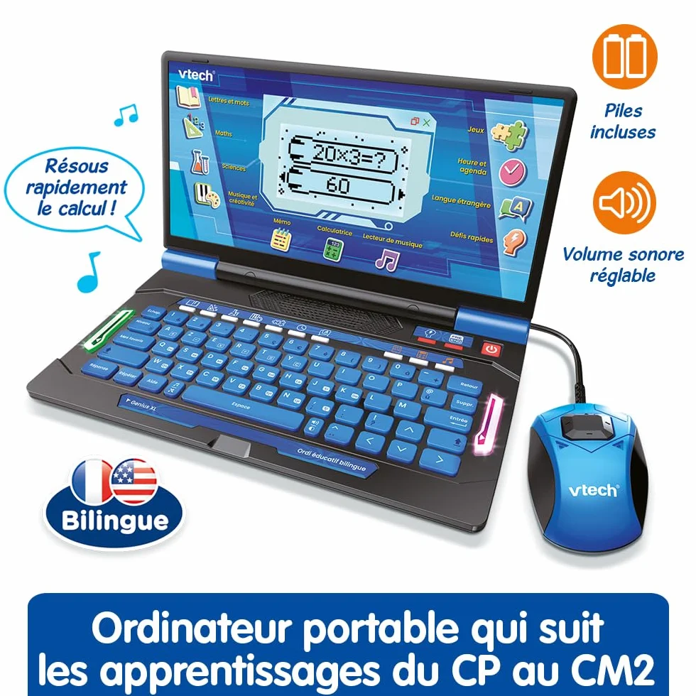 VTech Genius XL Ordi Éducatif Bilingue Bleu Ordinateur Enfant avec Écran LCD Clavier AZERTY Souris 164 Jeux Éducatifs CP CM2 Cadeau Enfant 6 Ans Français Anglais