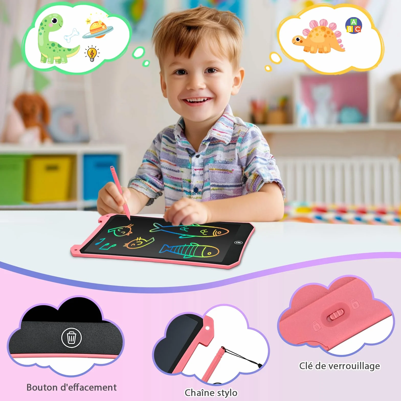BlueSwan Tablette Dessin Enfant 10 Pouces, Ardoise Magique avec Verrouillage, Cadeau Garçons Filles Rose