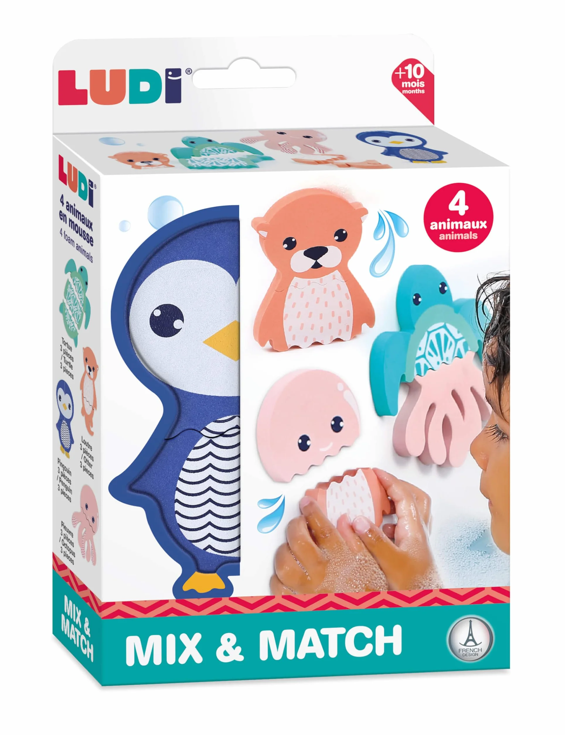 LUDI Mix & Match Jouet De Bain 4 Animaux en Mousse À Assembler Flottantes Dès 10 Mois