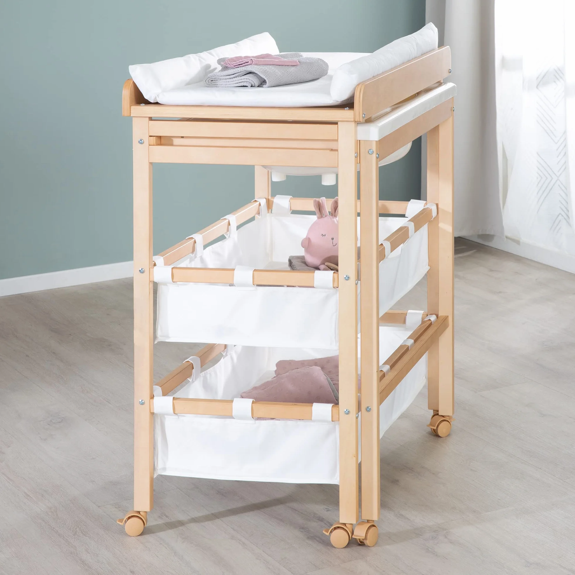 Table à Langer avec Baignoire Coulissante Baby Pool 2EN1 Matelas Imperméable Blanc 2 Compartiments Rangement Bois Naturel