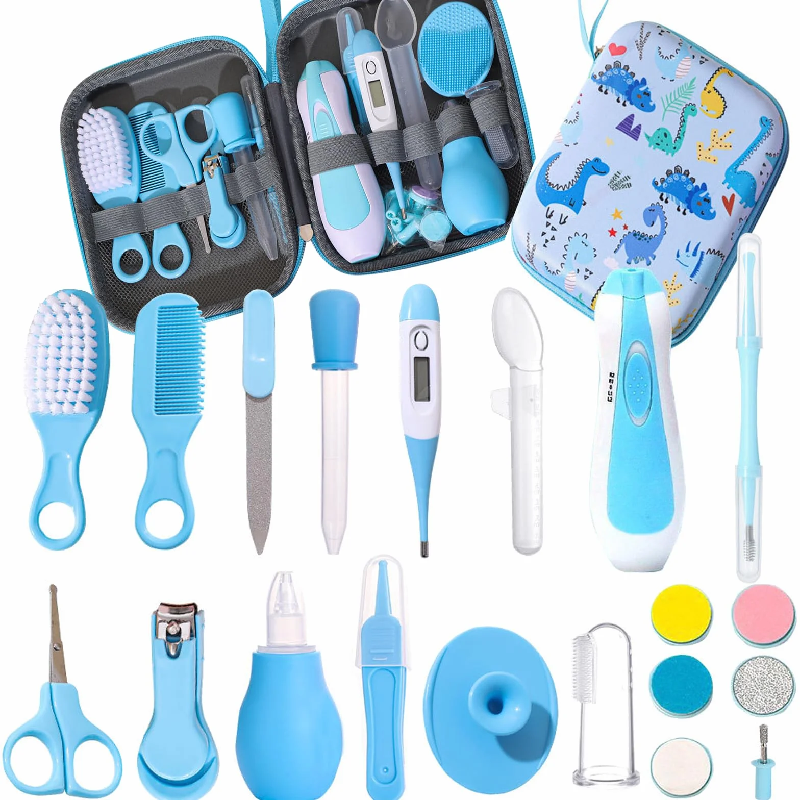 Liemuao Trousse de Soin Bébé 16 Accessoires Kit Complet Portable avec Thermomètres Coupe-Ongles Brosse Bleu