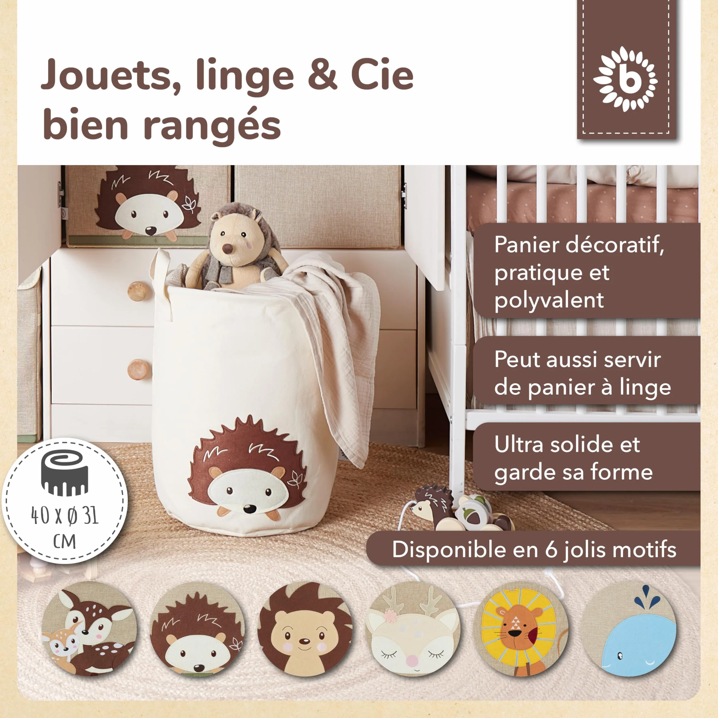 Bieco Panier à linge bébé hérisson grand rangement coton imperméable pour enfants