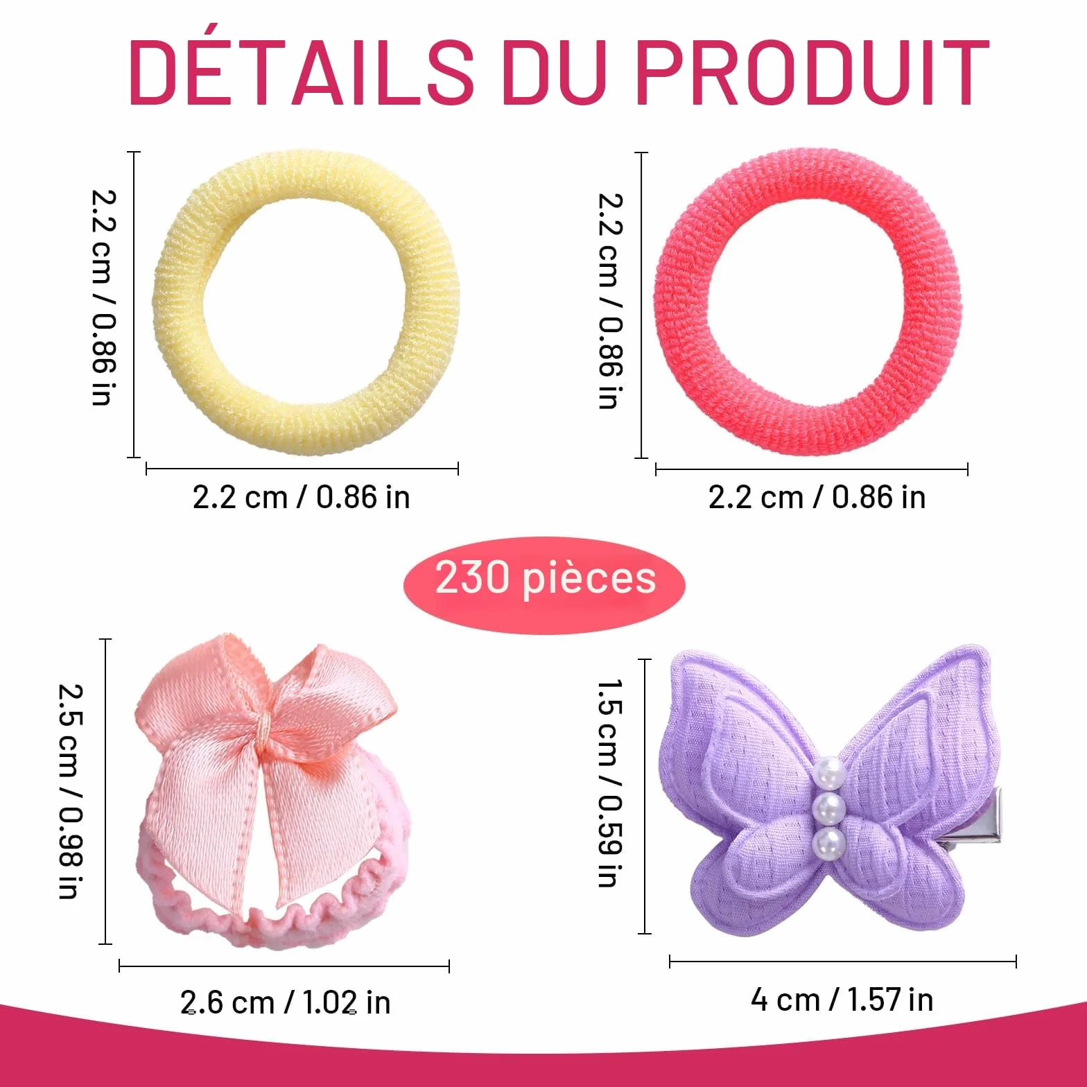 Barrettes à cheveux papillon et élastiques 230 pièces Ensemble pour filles Rose multicolore