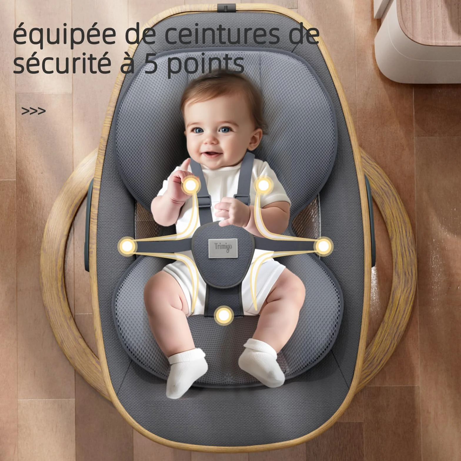 Balançoire bébé électrique 180° réglable 3D avec télécommande 5 modes 4 vitesses 0-12 mois bois