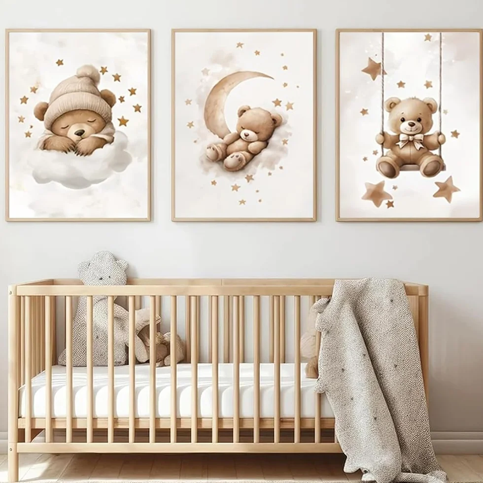 Affiche Ourson Chambre Bebe 30x40cm Poster Nounours Beige Tableau Decoration Murale Enfant Garcon Toile sans Cadre