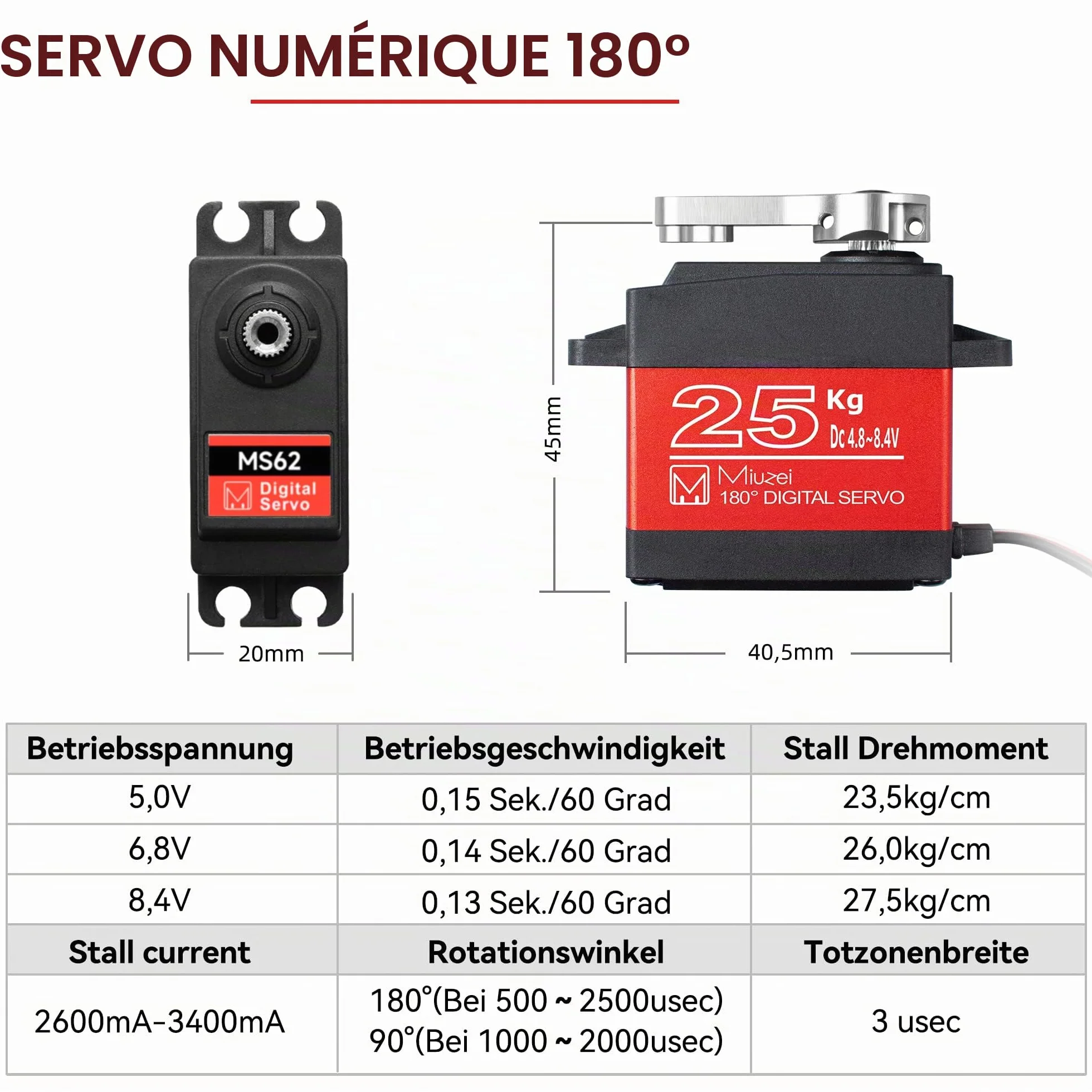 Miuzei Servo 25kg Digital Standard 180 Metal Waterproof Compatible Arduino RC Voiture 1/10 1/8