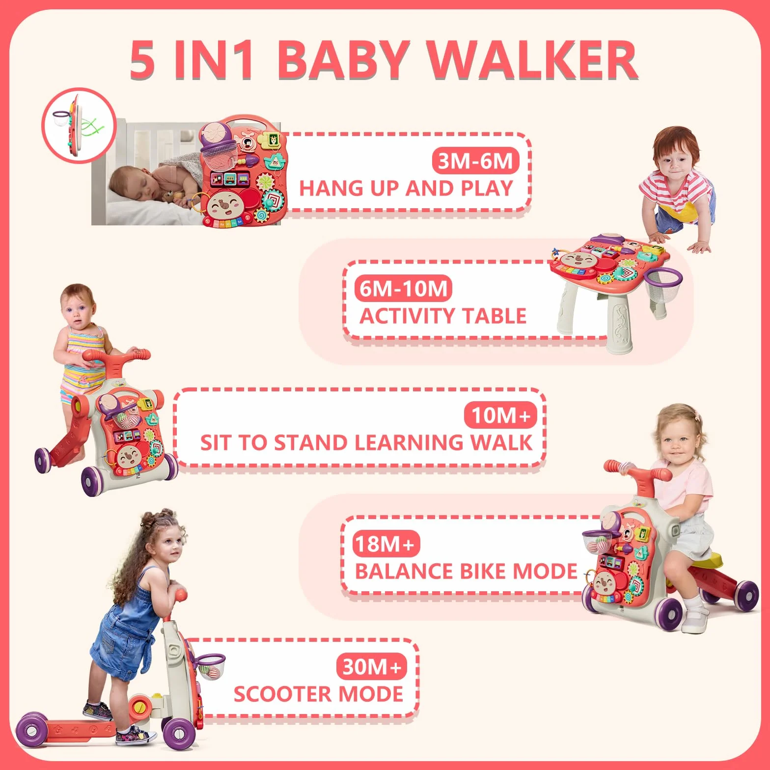 Trotteur Bébé Fille 5 en 1, Chariot de Marche Centre d'Activité, Jouet Push pour Tout-petit 12 Mois