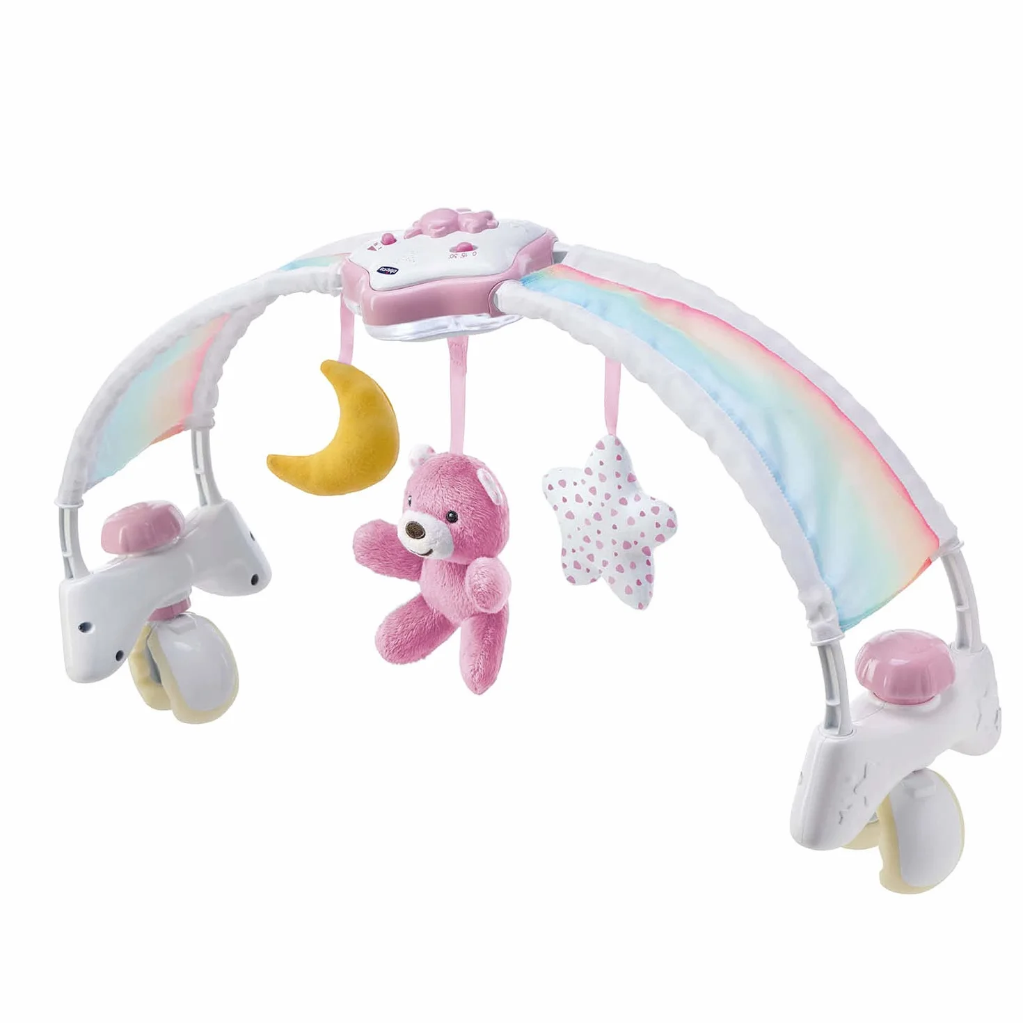 Chicco Arche Arc en Ciel Jeu de Développement 2 en 1 Compatible Lit Next2Me Panneau Berceau Veilleuse Musique Pendentifs Jouet Bébé 0+ Mois Rose
