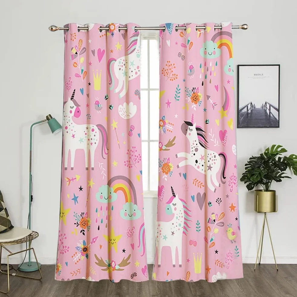 Rideaux Enfants Licorne Étoiles Rose Œillets 160×107 cm Chambre Fille