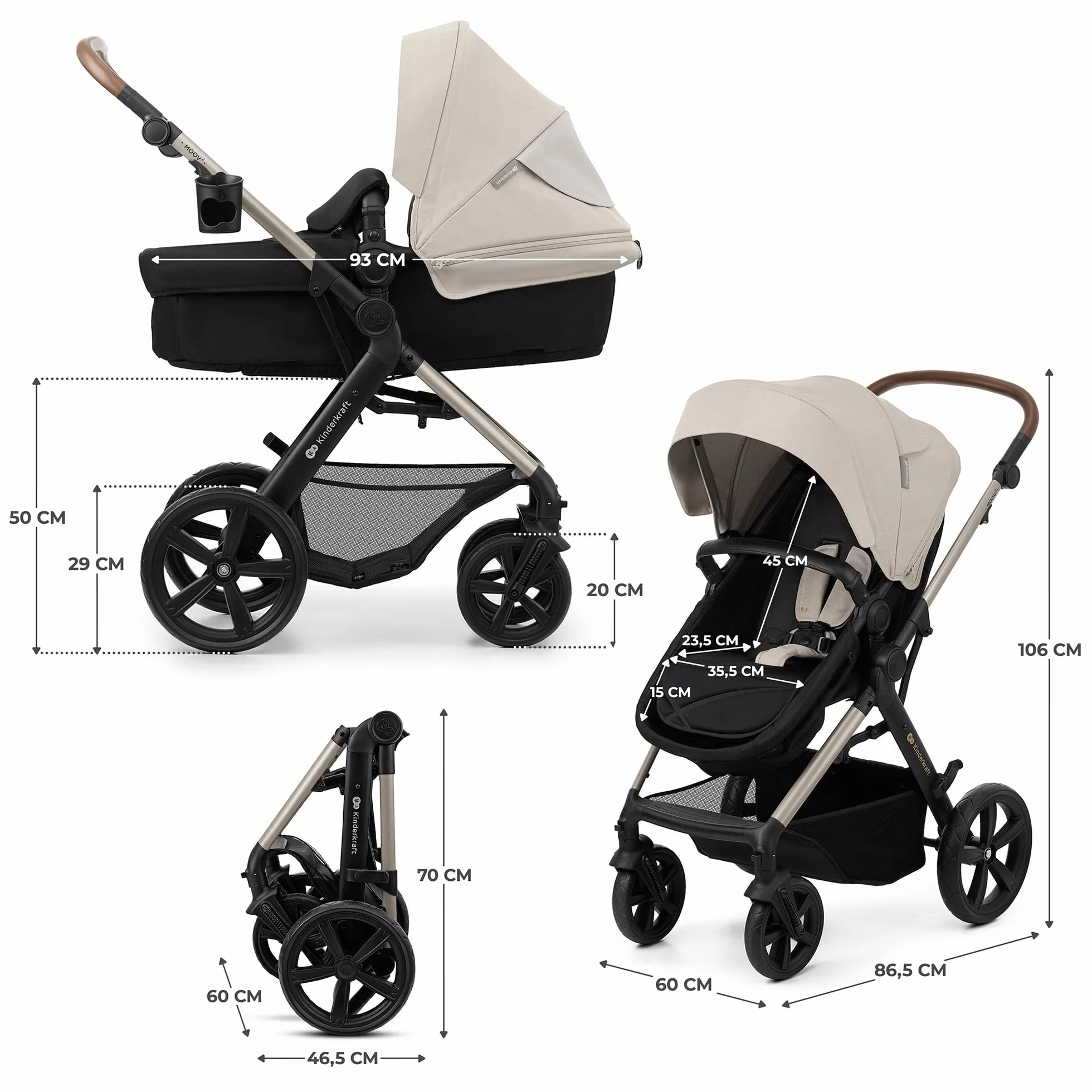 Kinderkraft MOOV 2 Poussette 3 en 1 Travel System avec nacelle 2-en-1 siège auto i-Size Gris
