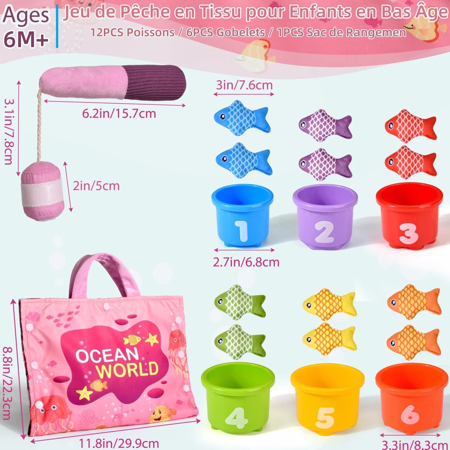 Jouet Montessori Pêche à la Ligne pour Enfant 1 2 3 Ans, Apprendre les Couleurs, Cadeau Fille Garçon 6-18 Mois