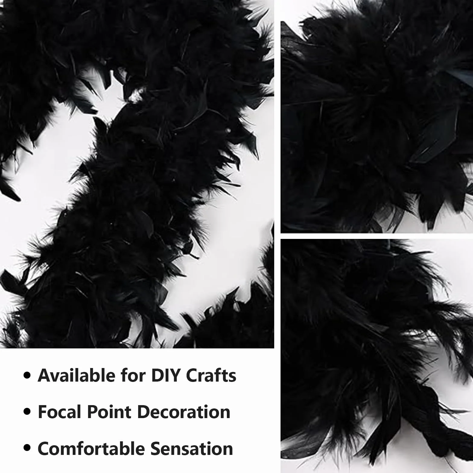 Boa en Plumes de Dinde Naturelles Noir 2m, Écharpe Accessoire Costume Halloween