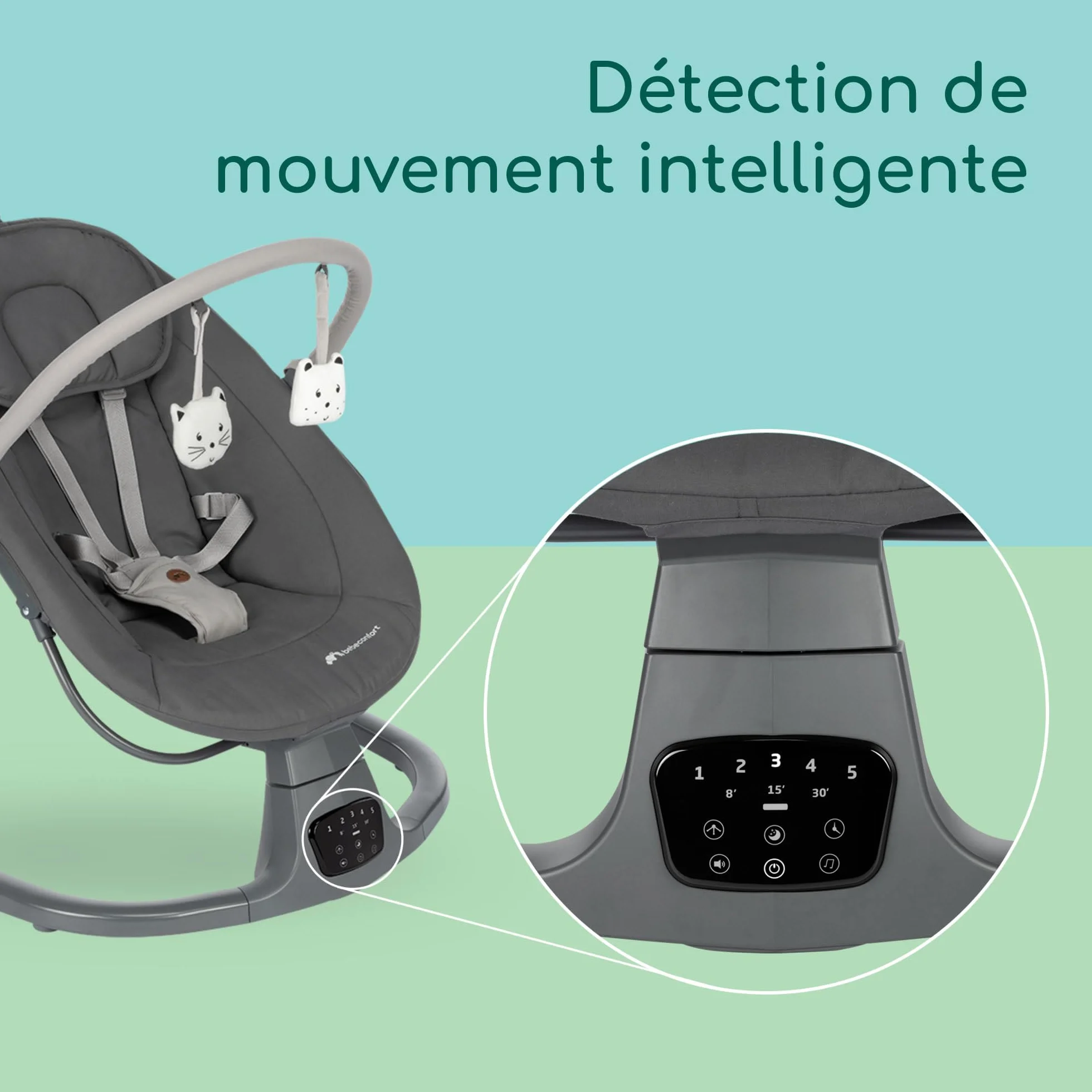 Bebeconfort Jolana balancelle bébé électrique 0-6 mois 9 kg détection de mouvement 12 chansons 5 sons naturels dossier réglable Tinted Graphite