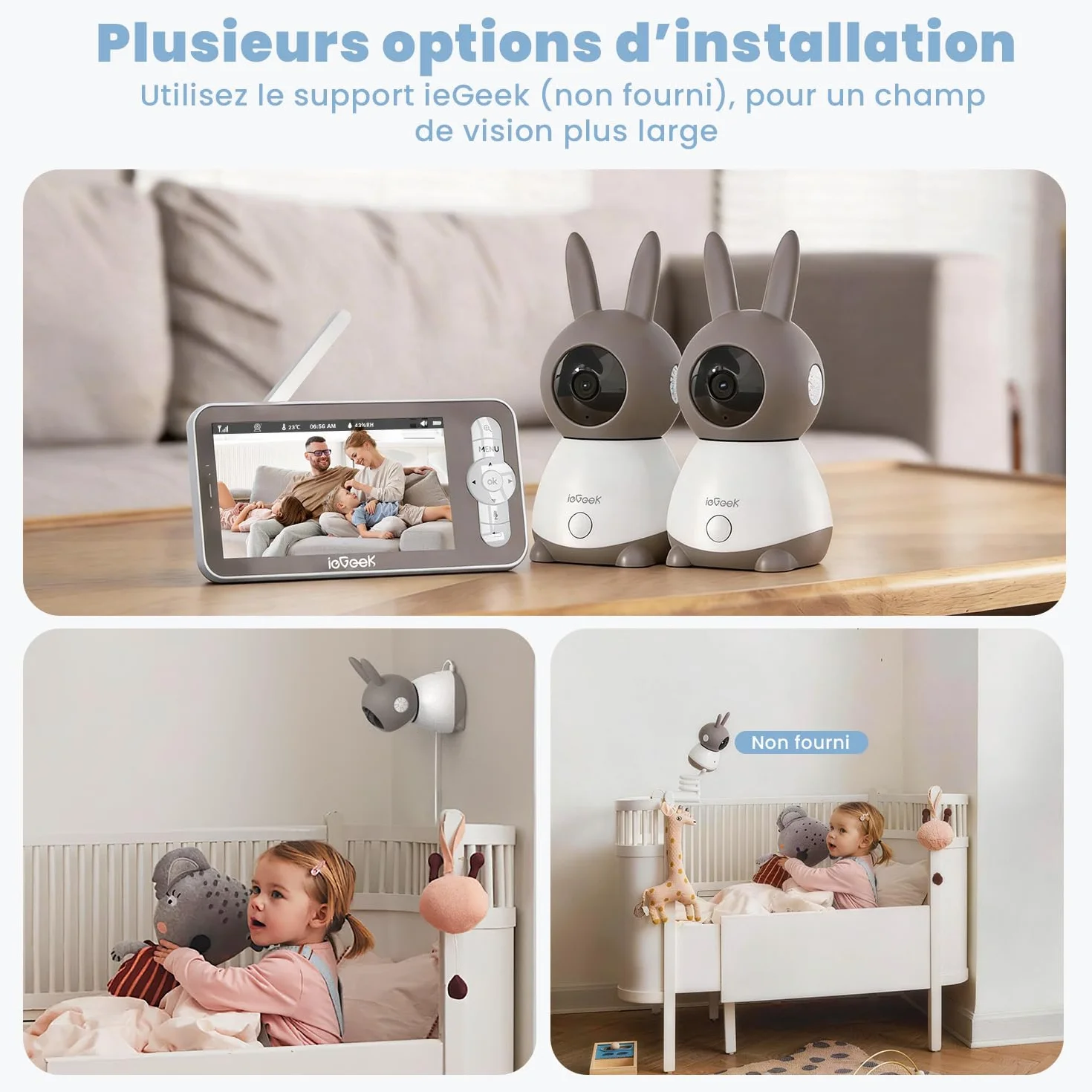 ieGeek Babyphone Vidéo Bébé 5" Écran 2 Caméras 2K PTZ 360° APP 2.4GHz sans WiFi Détection de Cris Mouvement Température Humidité Vision Nocturne