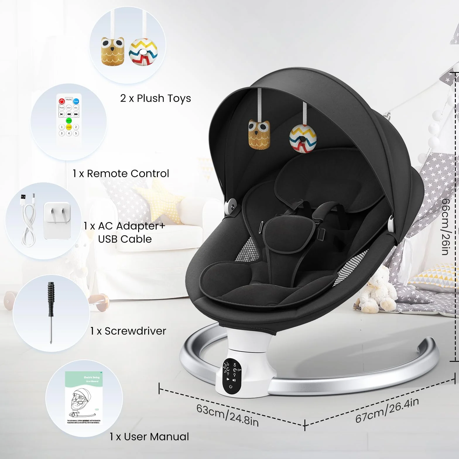 Transat Bébé Électrique avec APP & Télécommande, Balancelle Bébé 5 Vitesses, 10 Musiques, Bluetooth Noir
