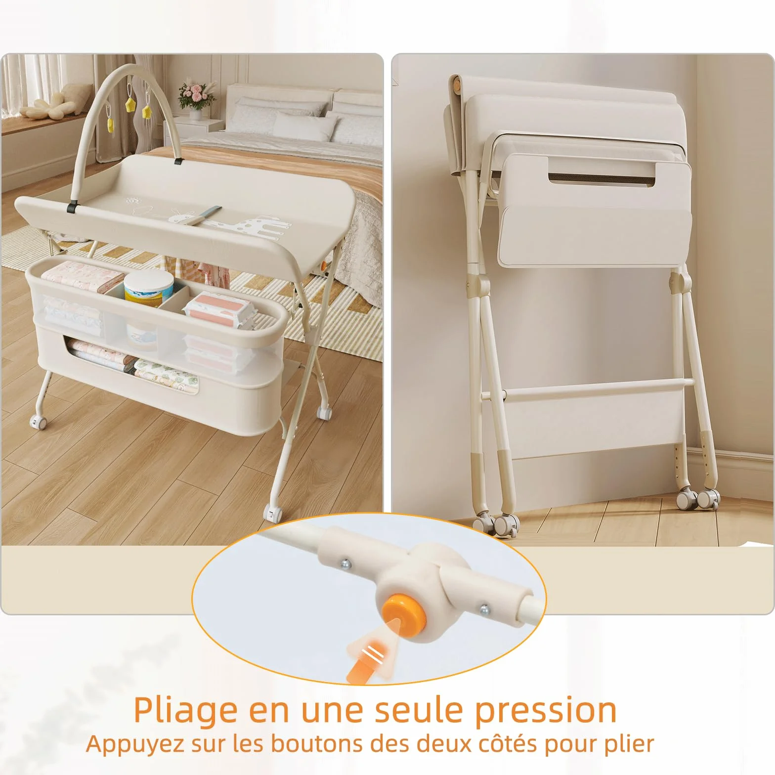 OHMG Table à Langer Pliable avec Panier Latéral et Roulettes, 5 Réglable en Hauteur, 75x68x83-91cm