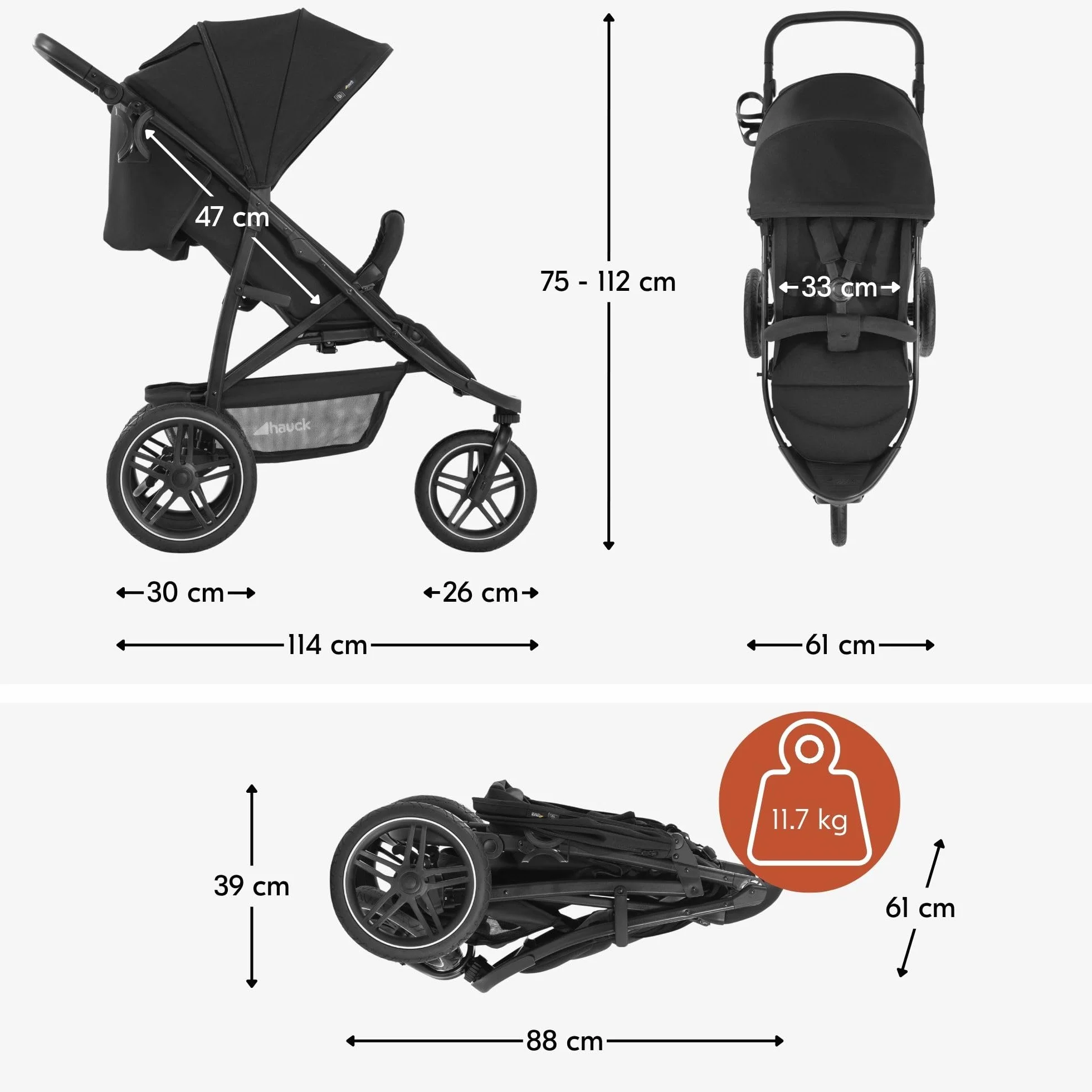 Hauck Poussette 3 Roues Rapid 3R, Pneus Caoutchouc, Suspension, Position Allongée, 22 kg, Protection UV 50+, Pliable, Guidon Réglable, Noir