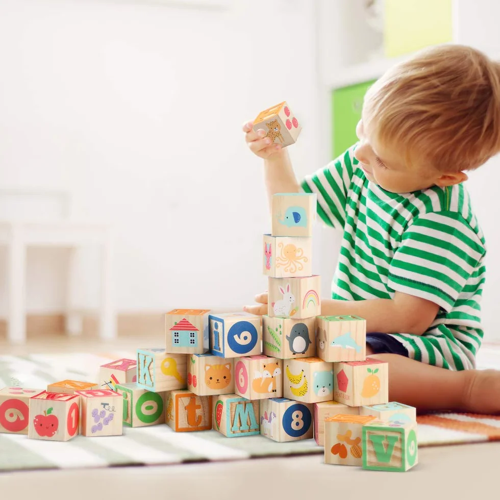Wondertoys Blocs ABC en Bois Jeux de Construction Lettres Alphabet Jouets éducatifs Enfants 26 pièces
