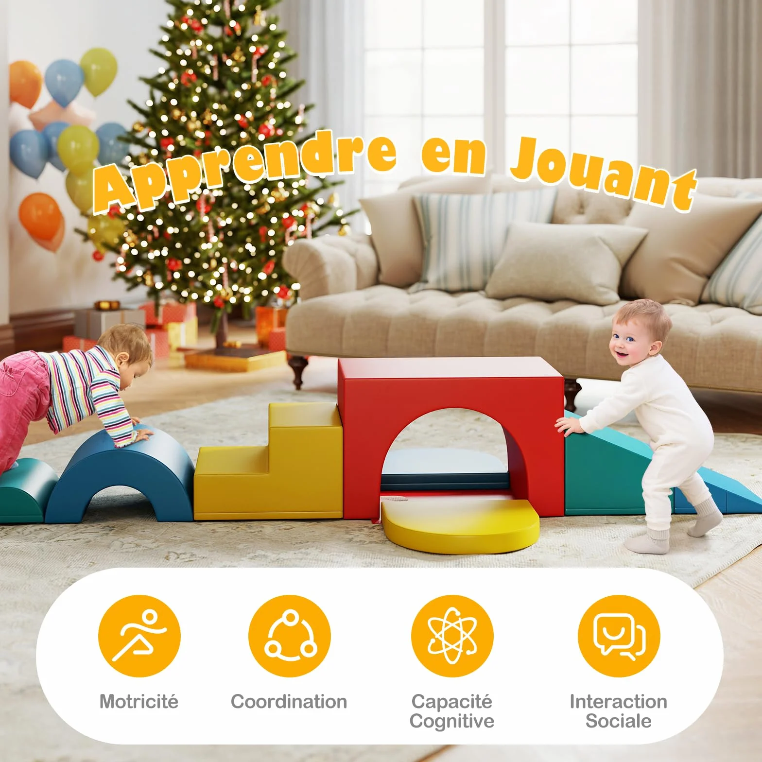 COSTWAY Module Motricité Bébé 7 PCS avec Toboggan Escalier, Parcours Motricité Mousse Housse PU Bandes Agrippantes, Jouets Éducatifs Enfants Préscolaire Rouge