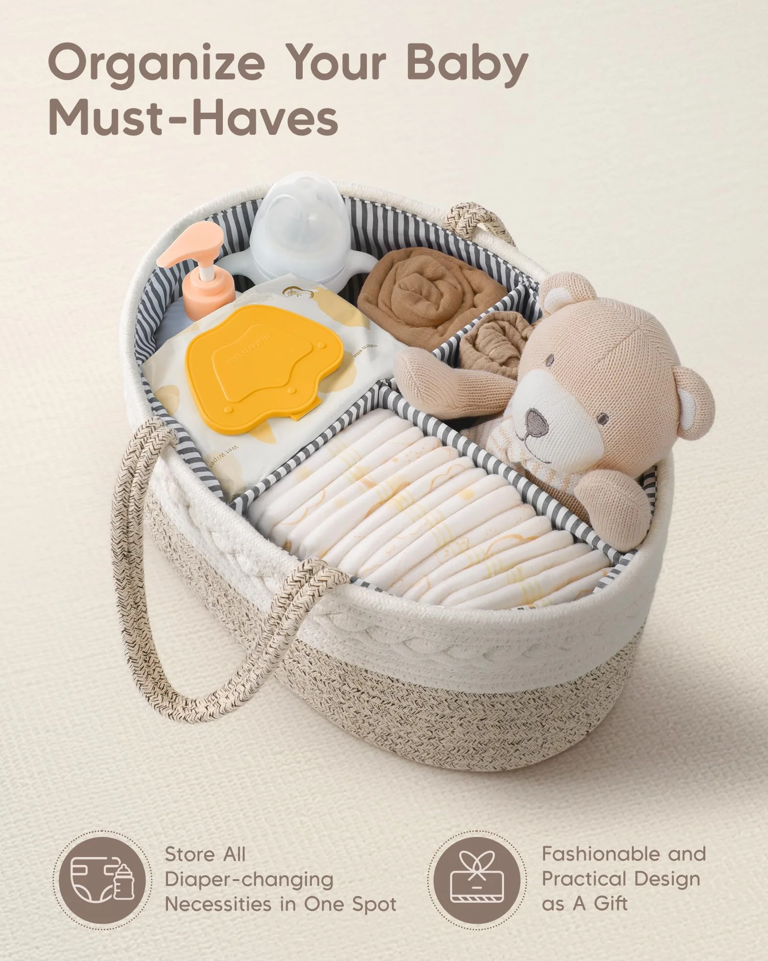 Maliton Panier Rangement Bébé avec Compartiments en Corde Coton pour Nouveau-né