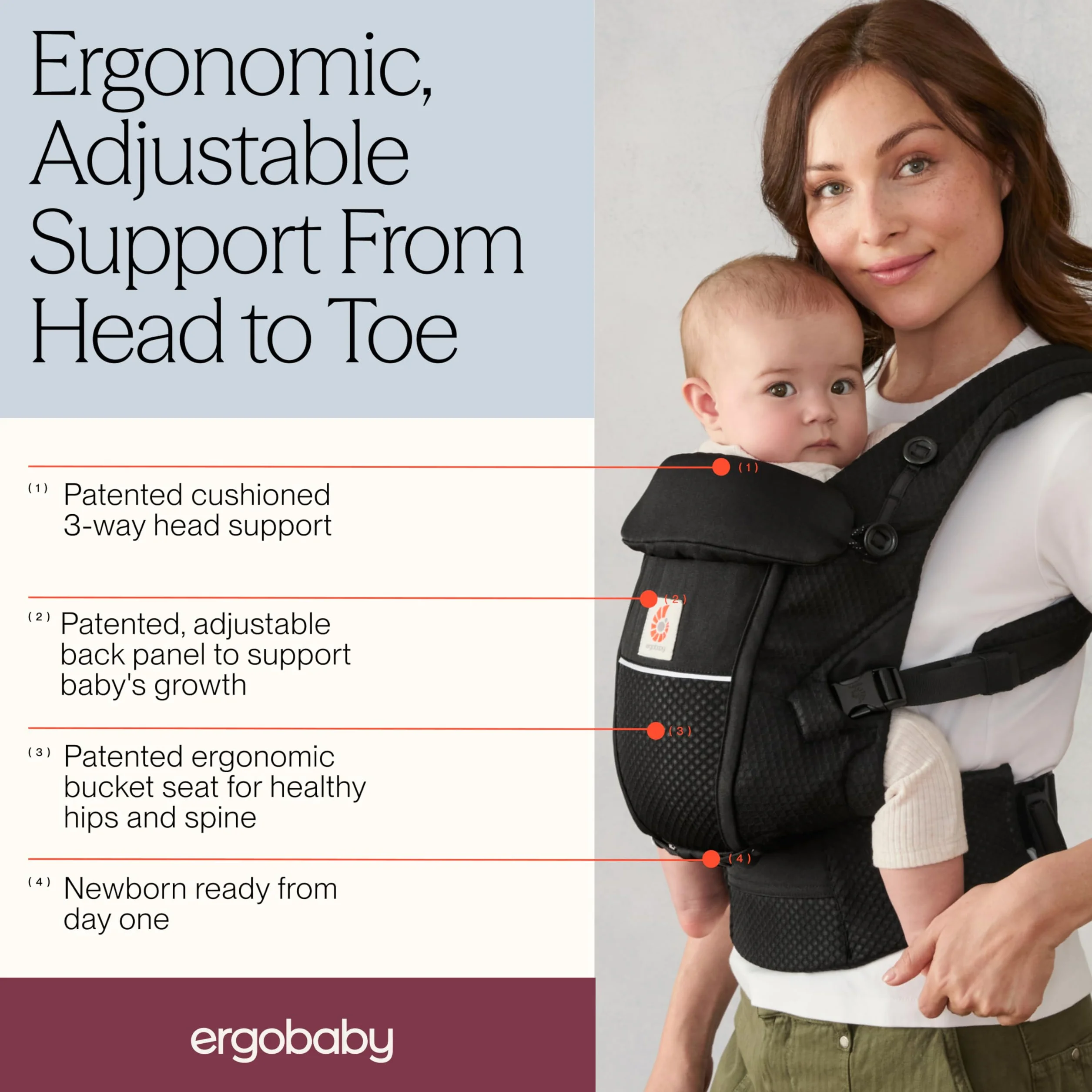 Ergobaby Porte-Bébé Adapt Onyx Black 3 positions Mesh SoftFlex ventral dorsal nouveau-nés