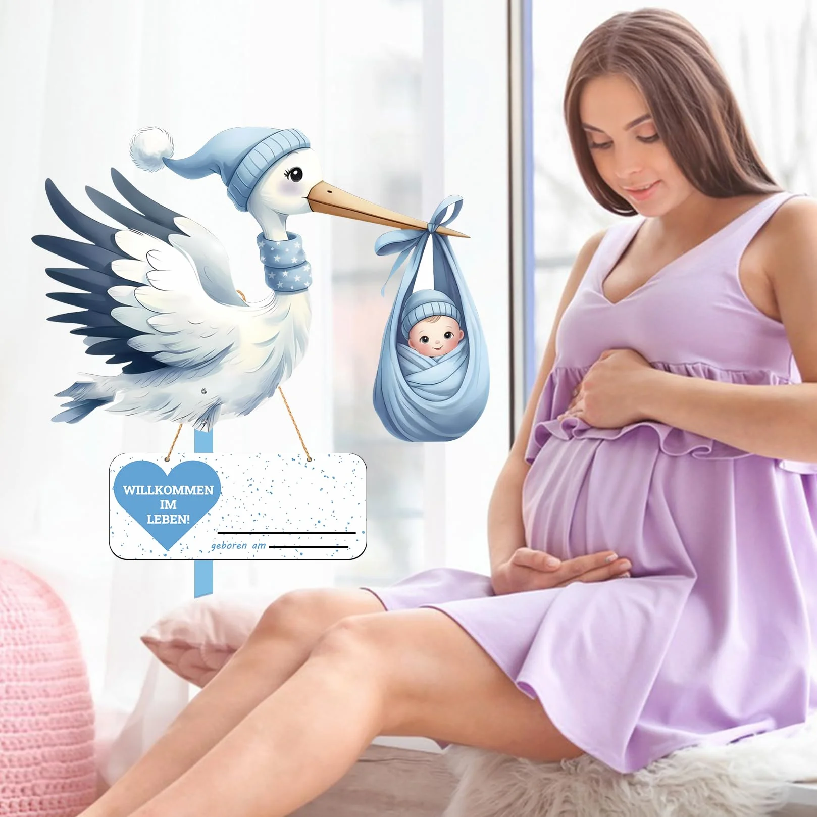 Cigogne à Clapette Naissance Bébé Imprimé Deux Faces Bâton Bois Plaque Nominative Intérieur Extérieur Cadeau (Bleu)