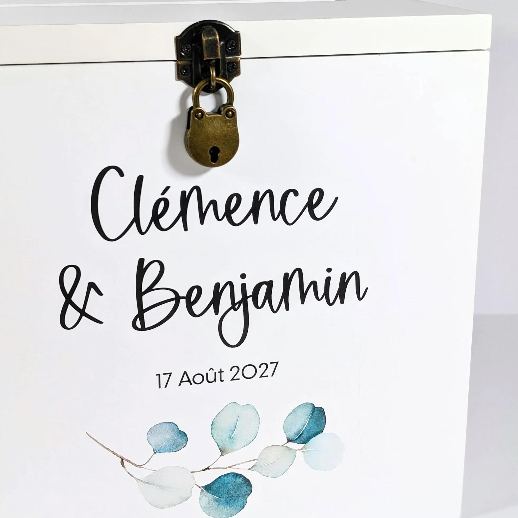 Urne Mariage personnalisée en Bois avec Cadenas 25x25x20 CM Blanche & Or Cagnotte