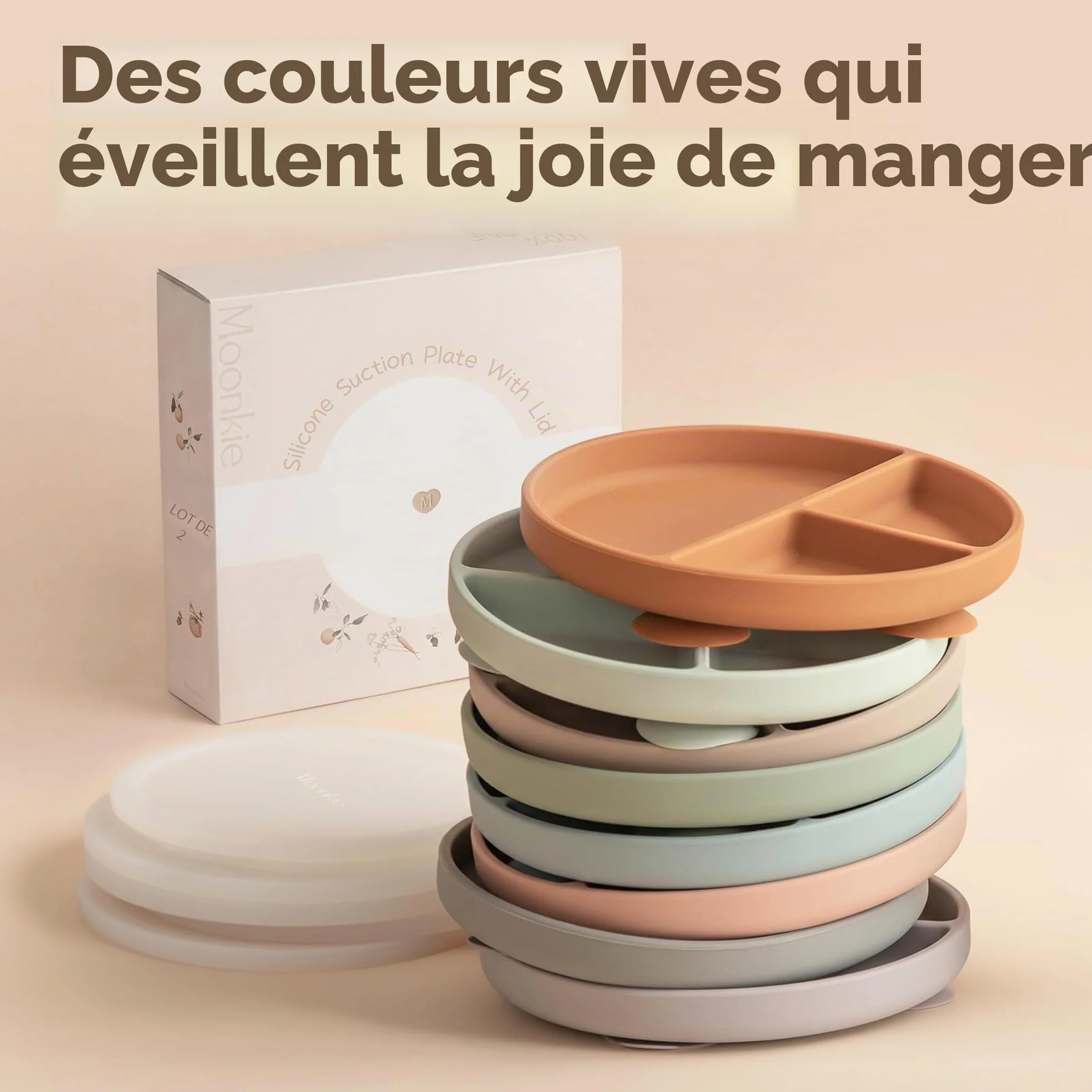 Moonkie Assiette Bébé Silicone avec Ventouse Lot de 2 Couvercle Antidérapante Menthe Bleu clair