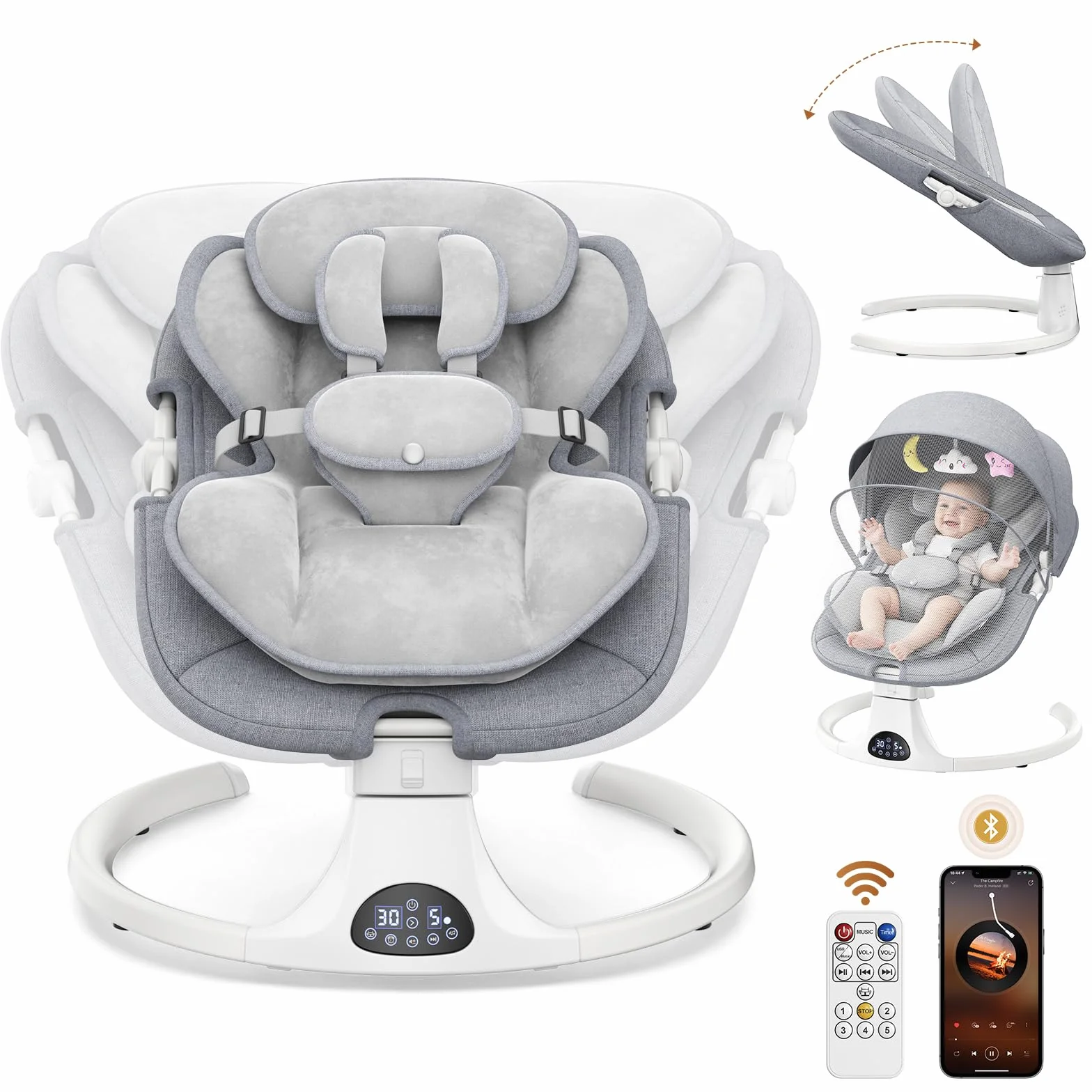 Balancelle Bébé Électrique avec Harnais 5 Points, 5 Modes Balancement, Minuterie 3 Niveaux, Télécommande, Musique, Gris