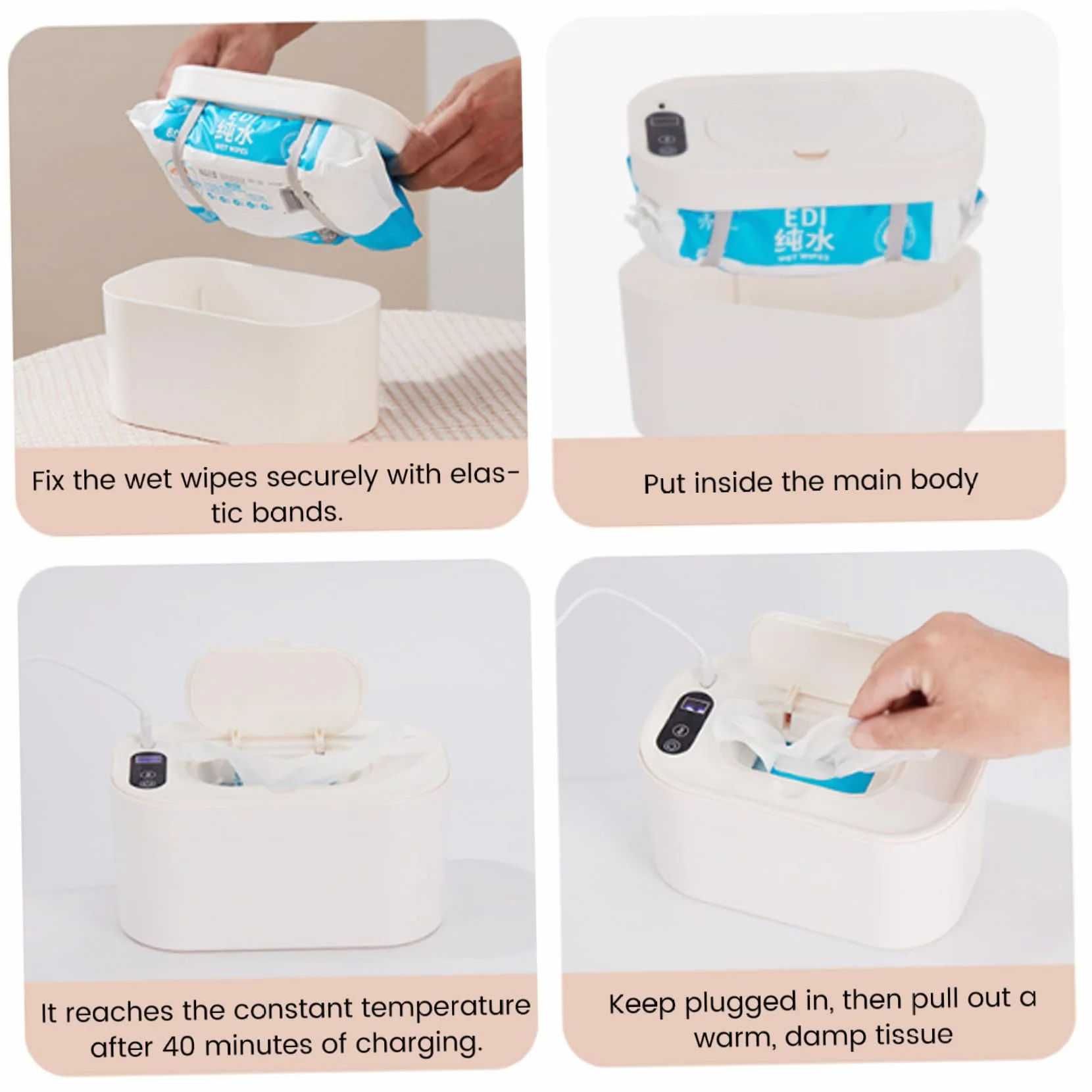 Chauffe-lingettes bébé 40-60 °C réglable silencieux écran LED distributeur USB portable