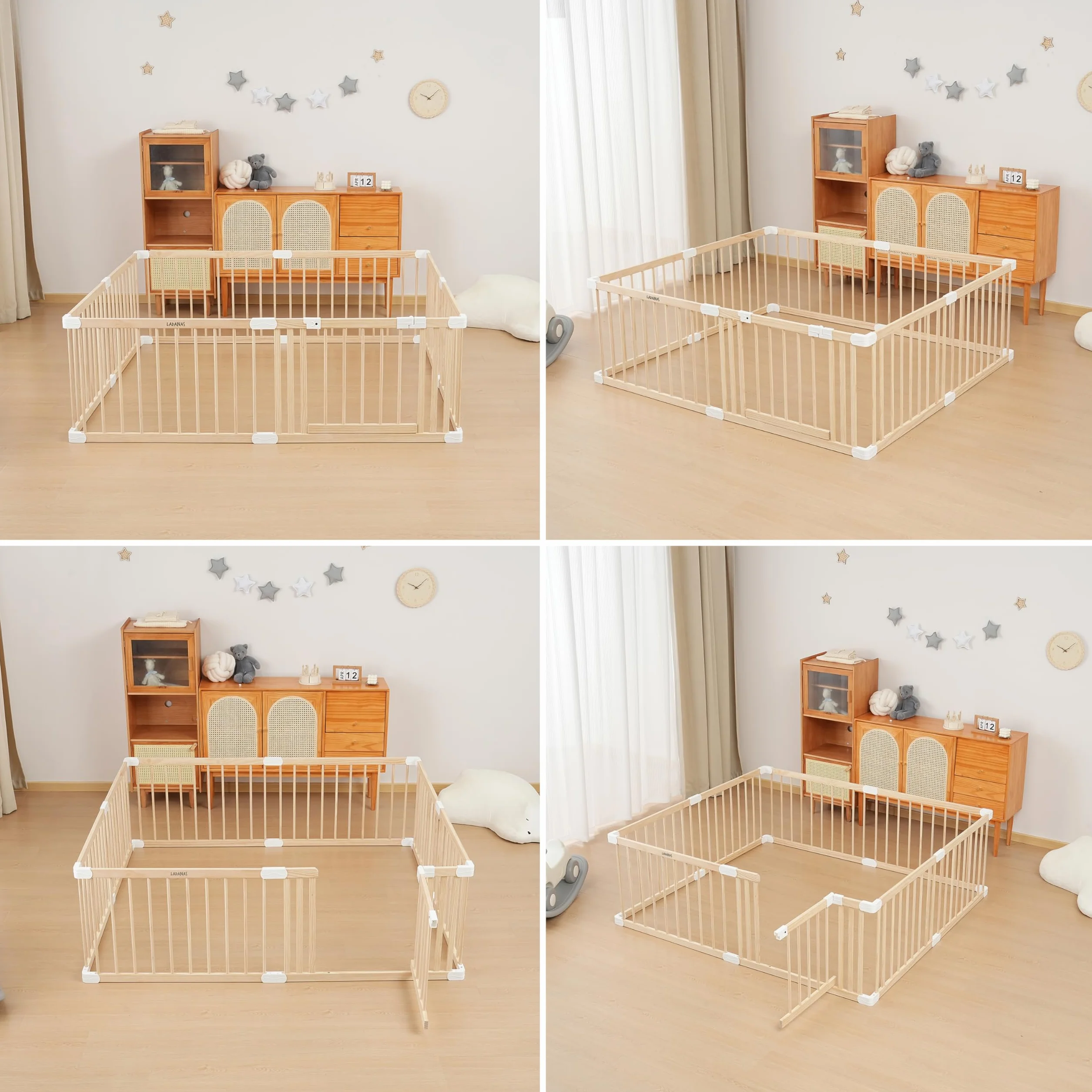 Parc Bébé Modulable en Bois de Pin Massif 120x160/140x140cm - Parc Enfant Non Peint Sécurisé avec Porte