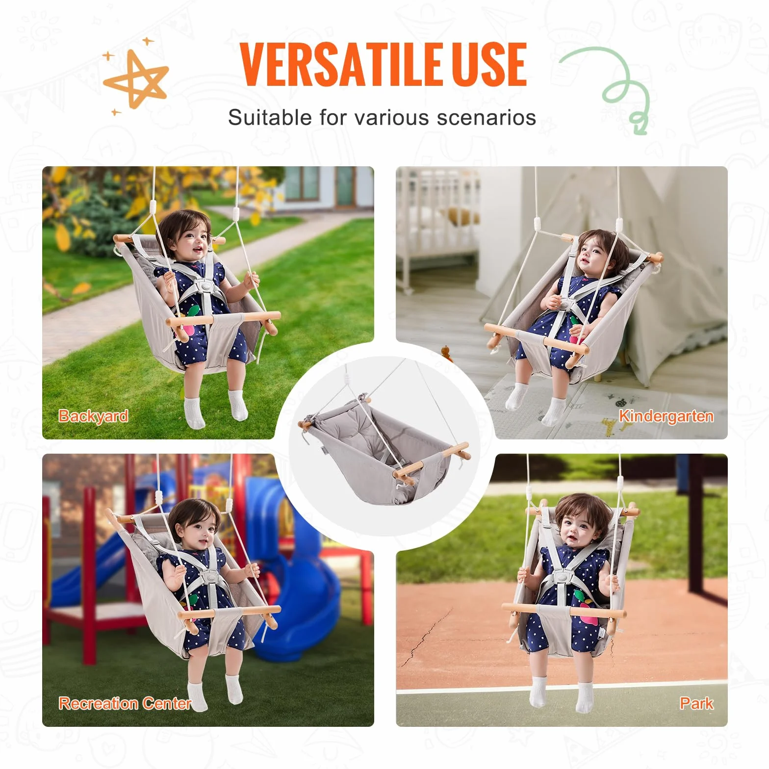 VEVOR Balançoire Hamac Bébé 3 Modes, 68 kg, Harnais 5 Points, Intérieur Extérieur