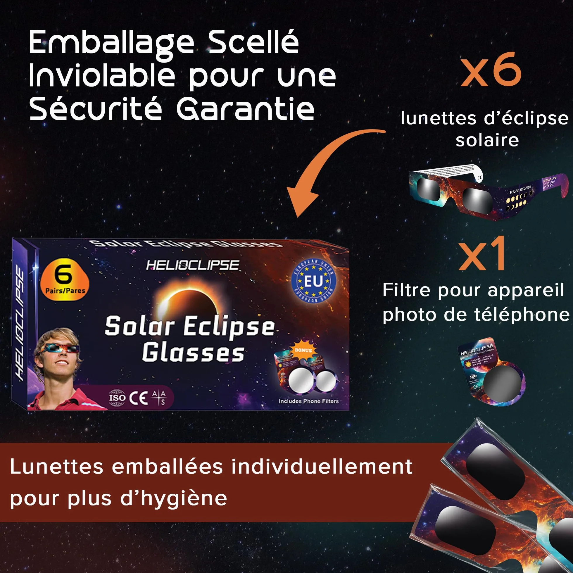 Helioclipse Lot de 6 lunettes pour éclipse solaire avec filtre pour téléphone