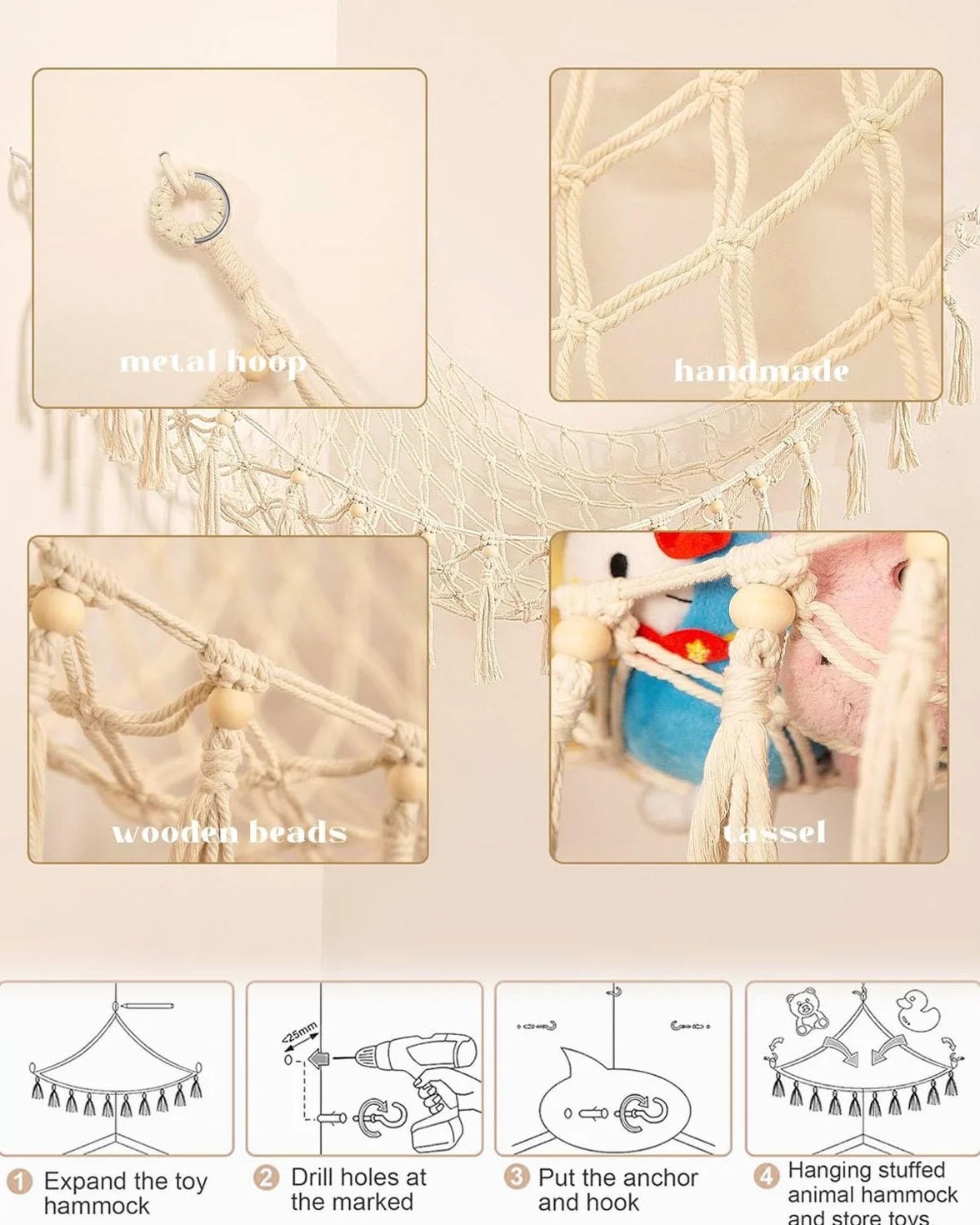 Hamac pour animaux en peluche Rangement de jouets Filet avec 3 crochets Décoration murale chambre d'enfant