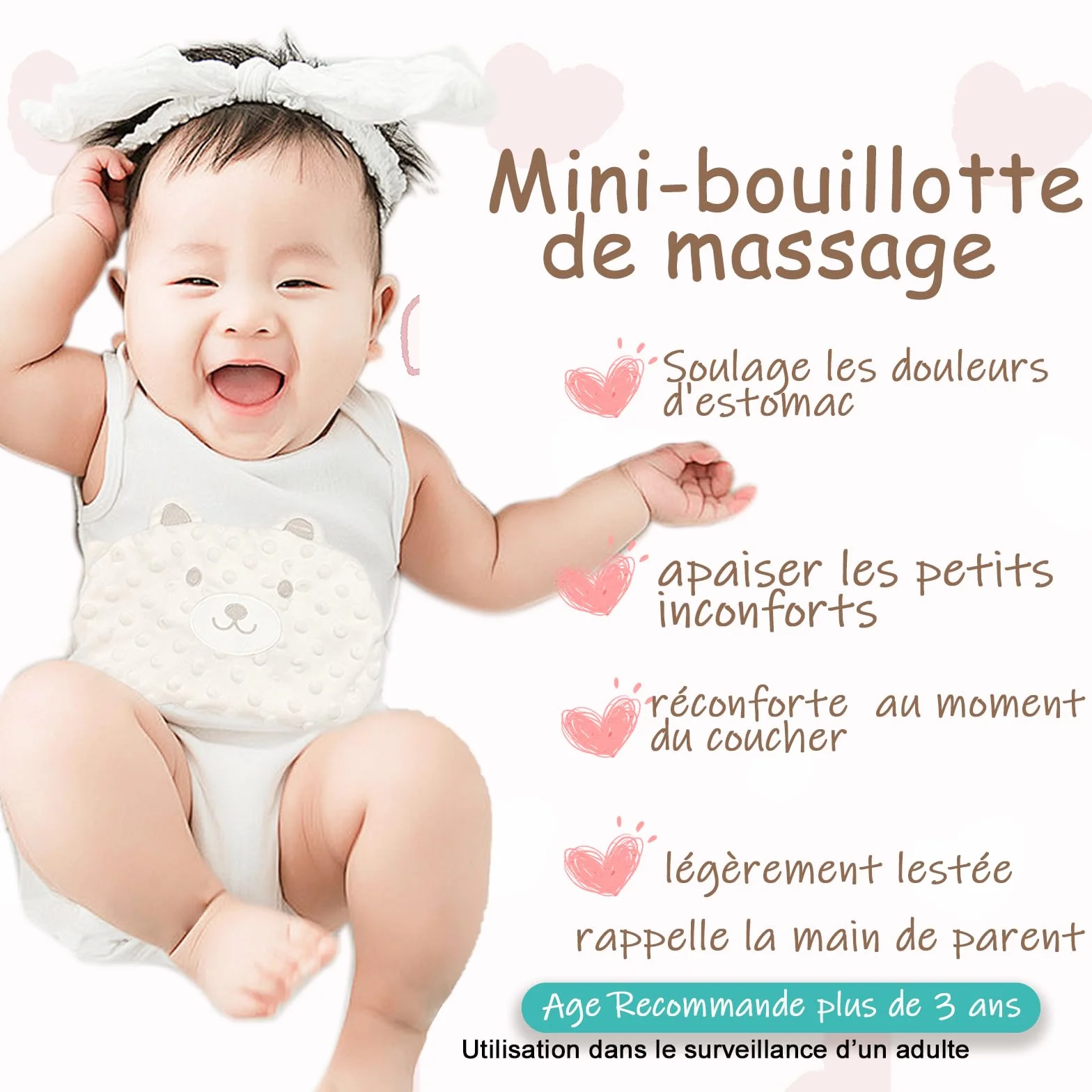 Bouillotte Bebe Anti Colique Ceinture Peluche Coussin Chauffant Micro Onde Rembourrage Naturel CE
