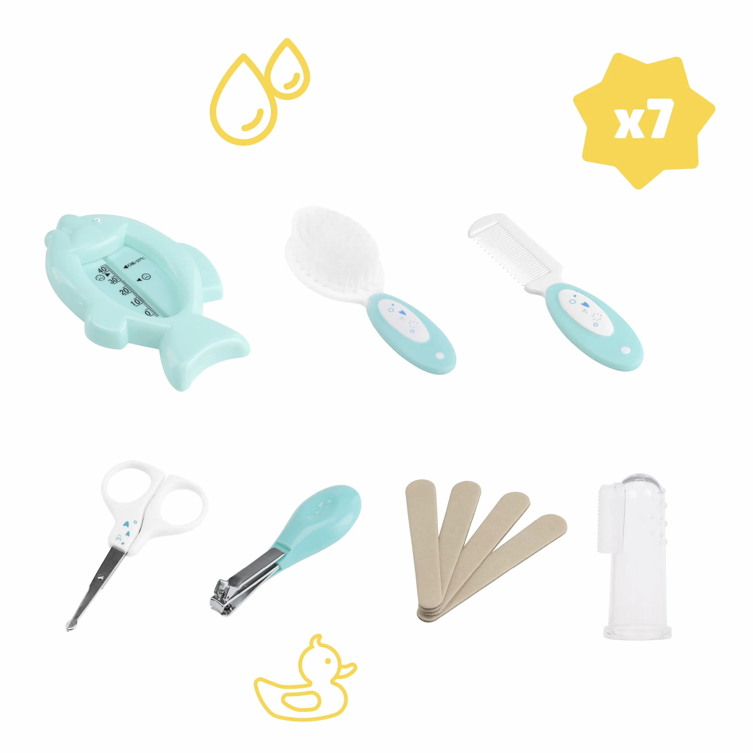 Badabulle Trousse de Soin Bébé Plouf Kit Complet 7 Accessoires Brosse Thermomètre Bain Ciseaux Arrondis