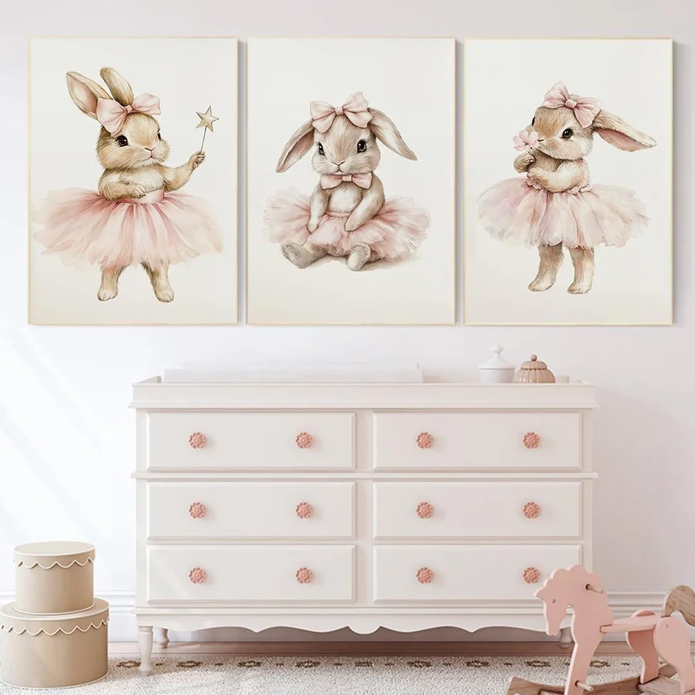 Affiche Lapin Chambre Fille 30x40cm Poster Boho Deco Chambre Enfant Rose Poudré Toile Sans Cadre