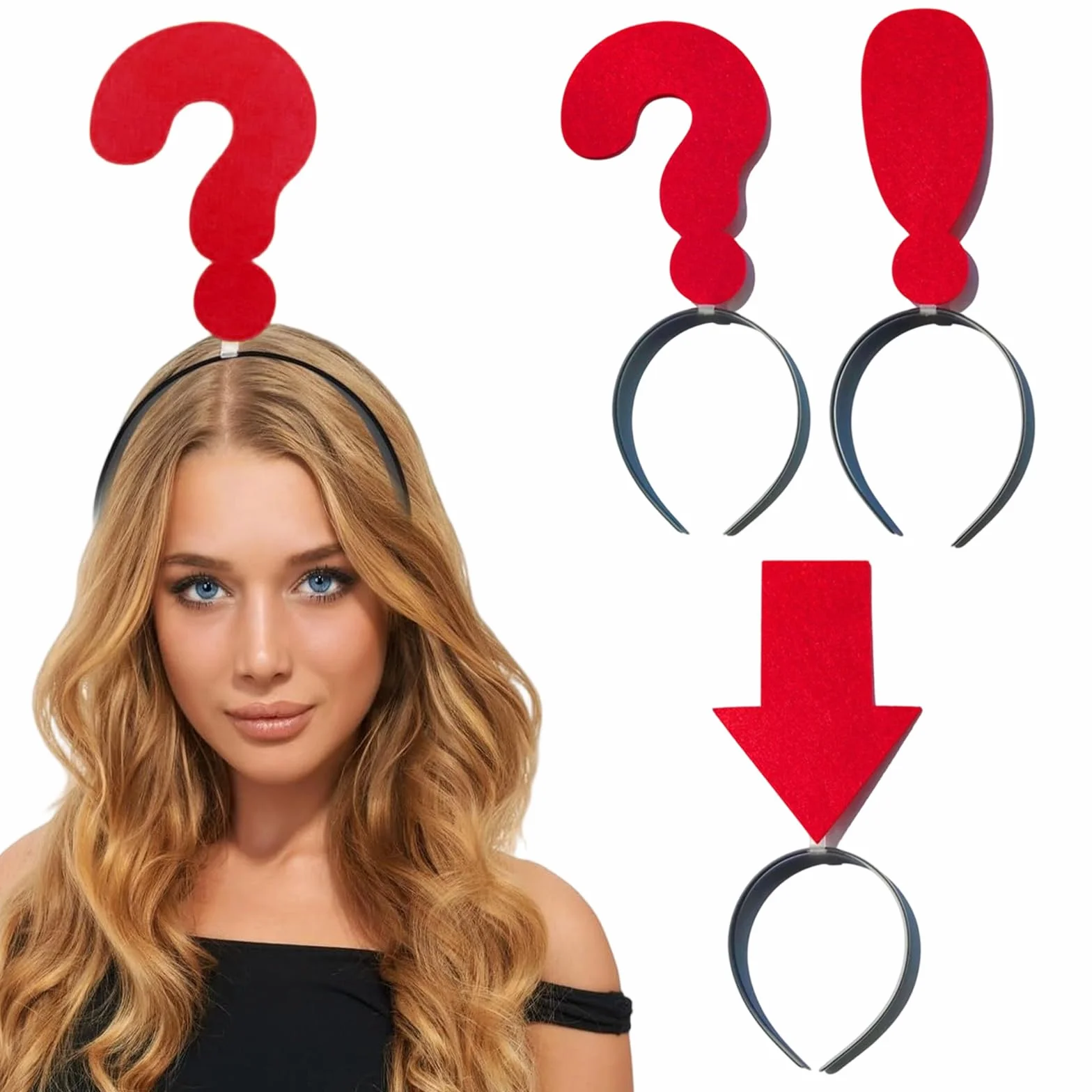 Lot de 3 Serre-têtes Humoristiques Flèche Rouge Point d'Interrogation Exclamation - Accessoires Déguisement Halloween Carnaval Fêtes Photobooth