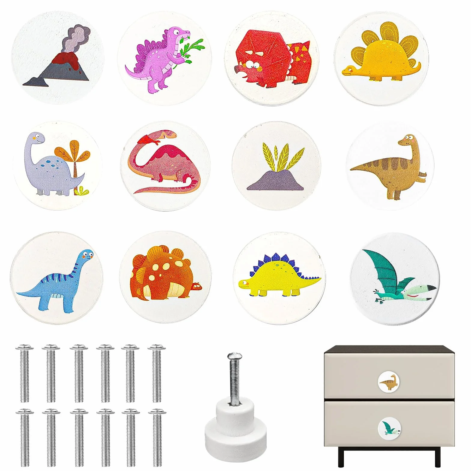 Bouton Tiroir Bois Rond 30 mm Dinosaures Blanc Placards Chambre Enfant 12 Pièces