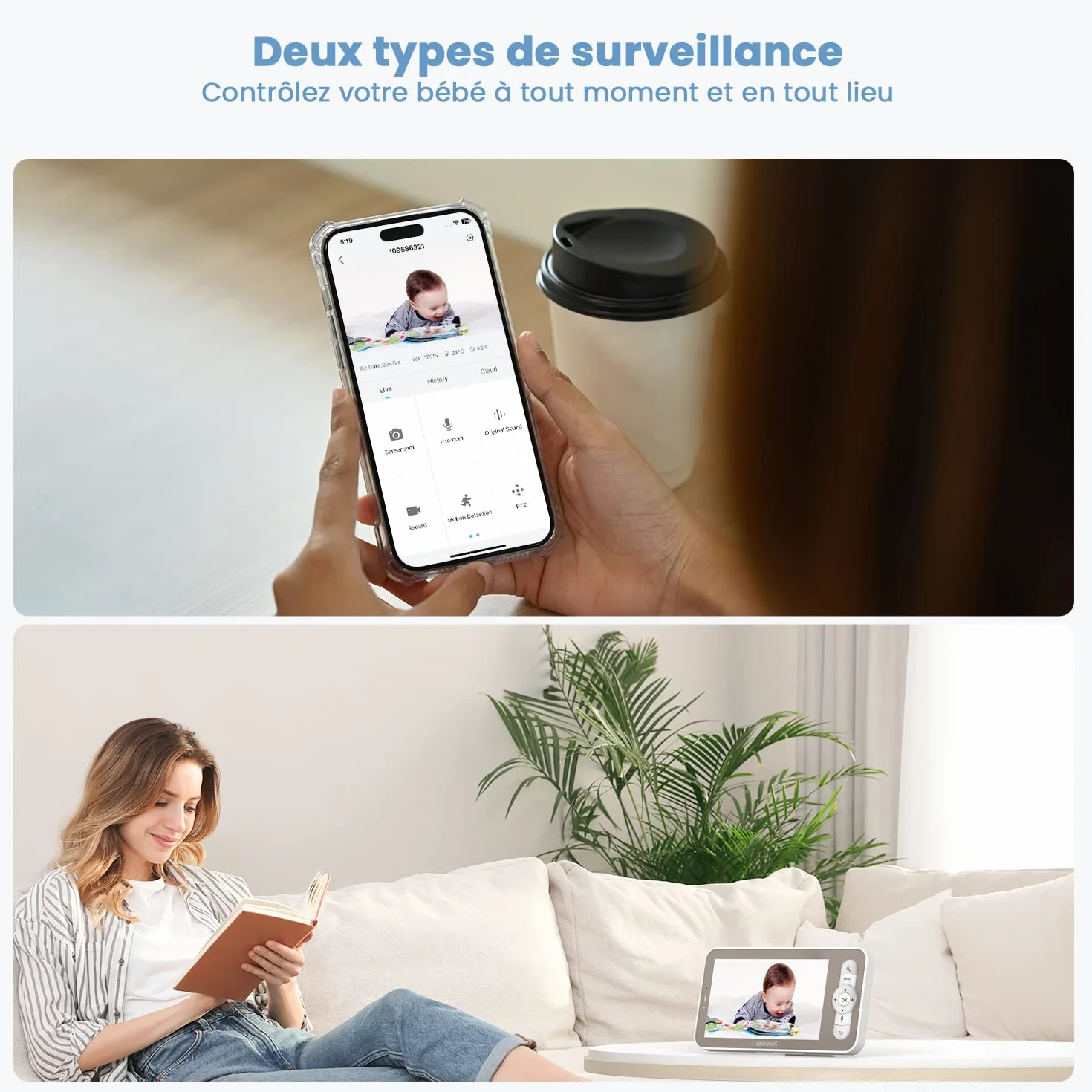 ieGeek Babyphone Vidéo Bébé 5" Écran 2 Caméras 2K PTZ 360° APP 2.4GHz sans WiFi Détection de Cris Mouvement Température Humidité Vision Nocturne