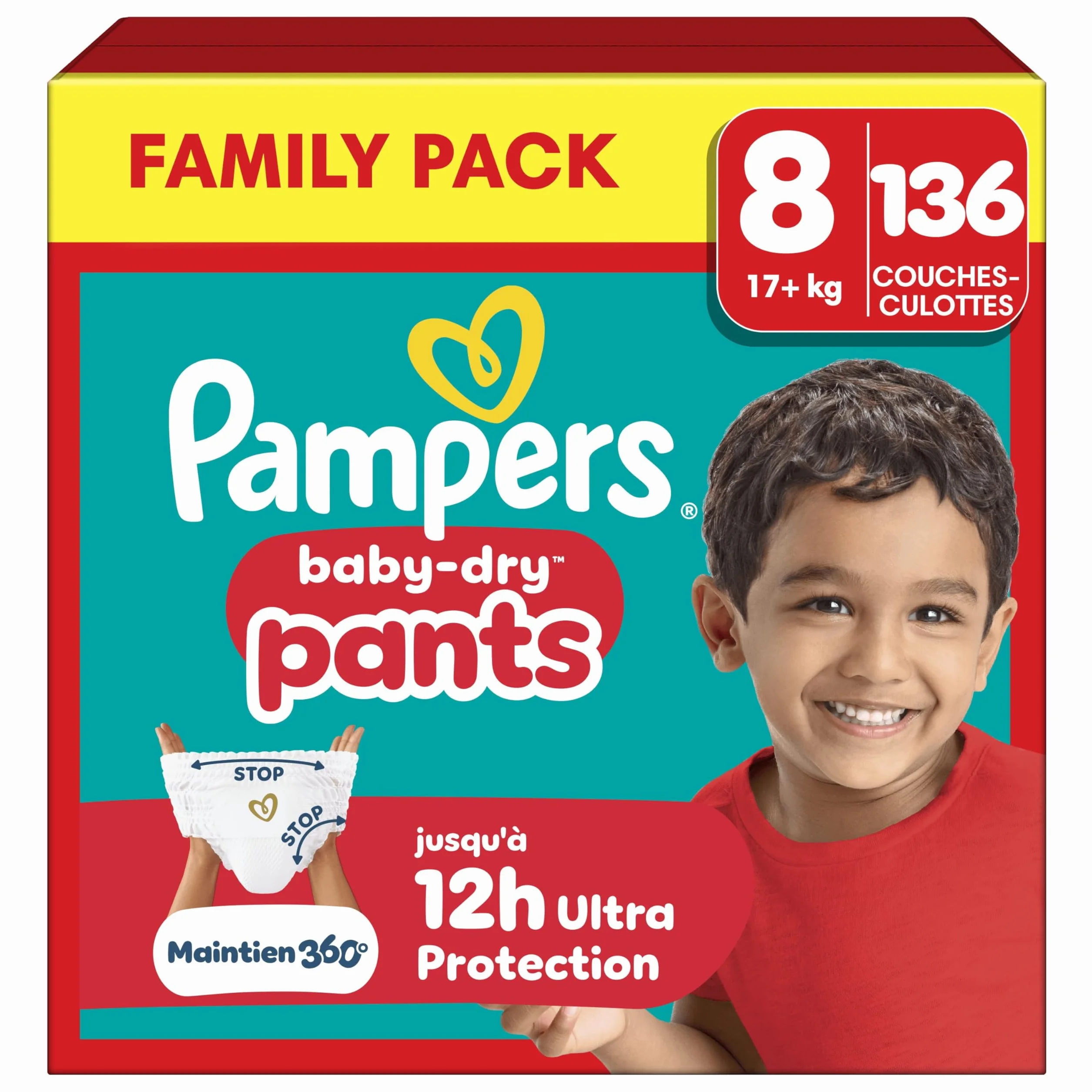 Pampers Baby-Dry Pants Taille 8 136 Couches-Culottes 17kg+ Protection 360° Fuites Jour et Nuit Family Pack