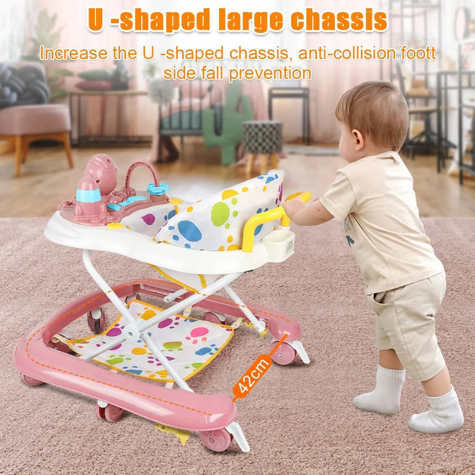Trotteur Bébé 2en1 Hauteur Réglable avec Musique, 8 Roues, Auvent, 62x68x36-81cm Rose