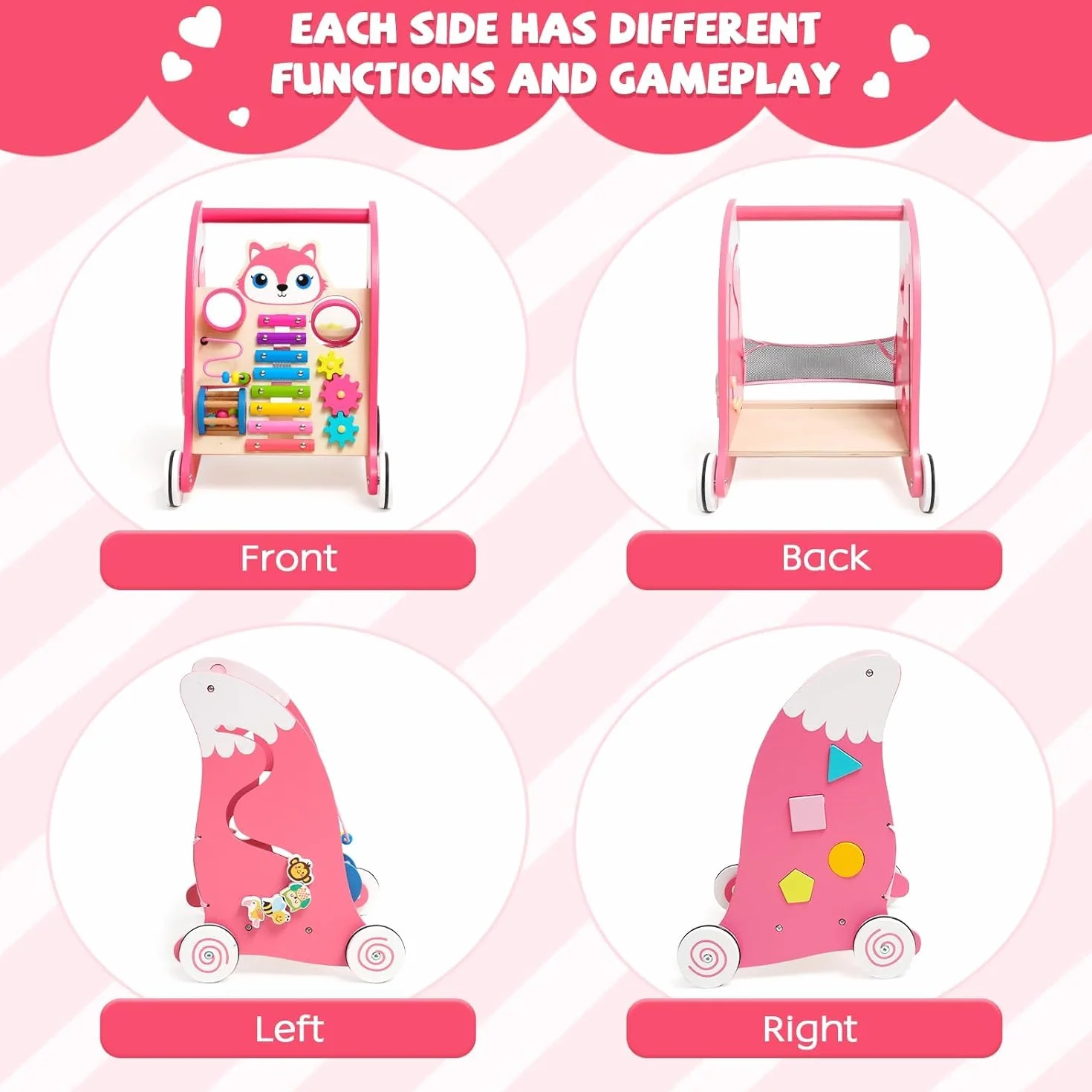 Chariot de Marche Bébé avec Xylophone, Instruments de Musique et Jeu d'Association de Formes, Trotteur Bébé Fille, Jouet Montessori Centre d'Activités Multifonctionnel pour Bébés de 6 Mois et Plus, Rose