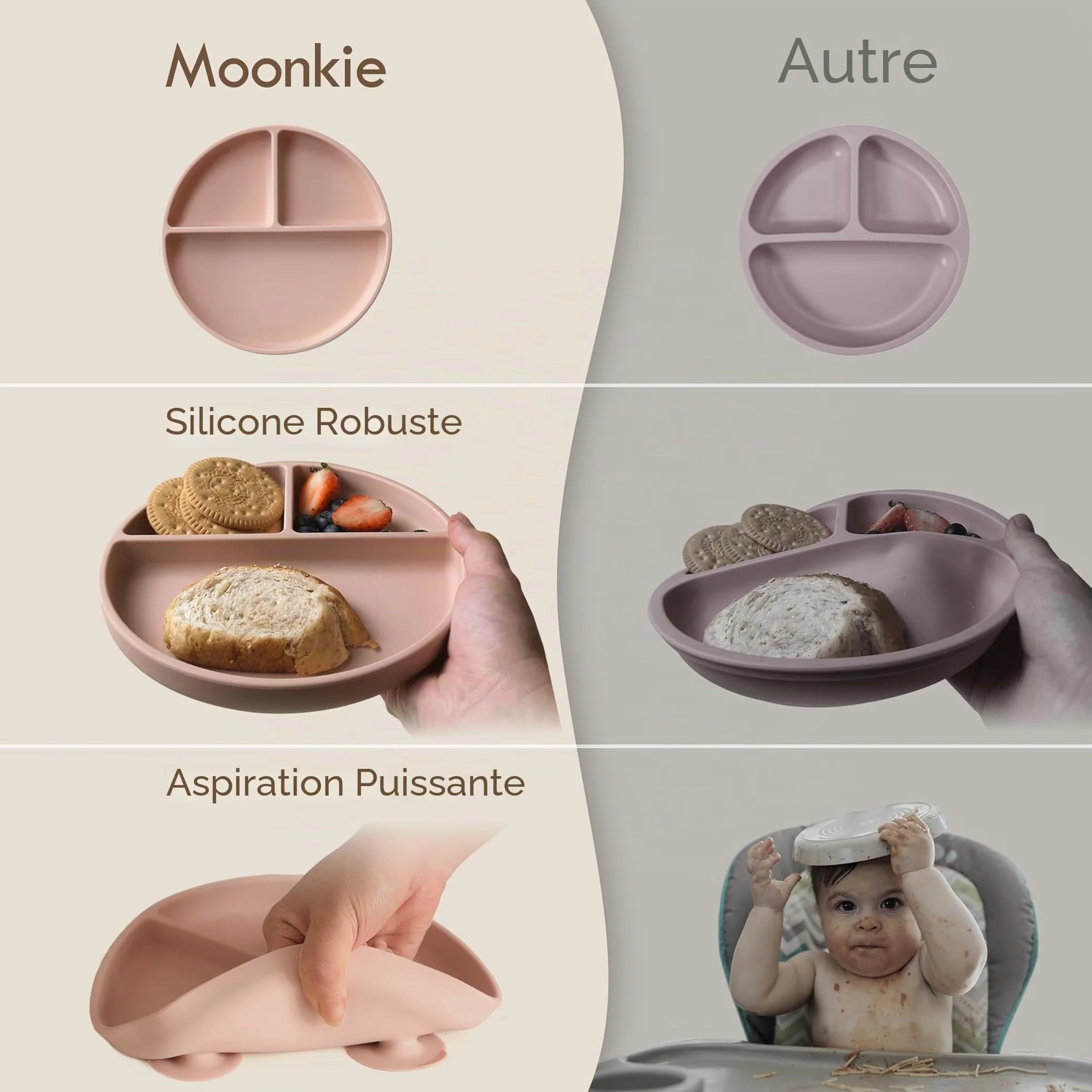 Moonkie Assiette Bébé Silicone avec Ventouse Lot de 2 Couvercle Antidérapante Menthe Bleu clair