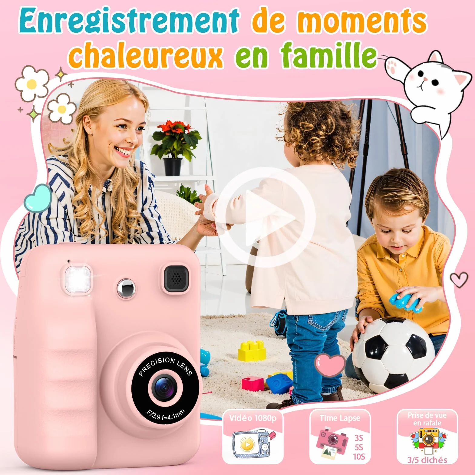 Appareil Photo Instantané Enfant avec Papier d'Impression & Carte 32GB, Écran 2.4'' HD, Vidéo 1080P, Selfie & Jeux