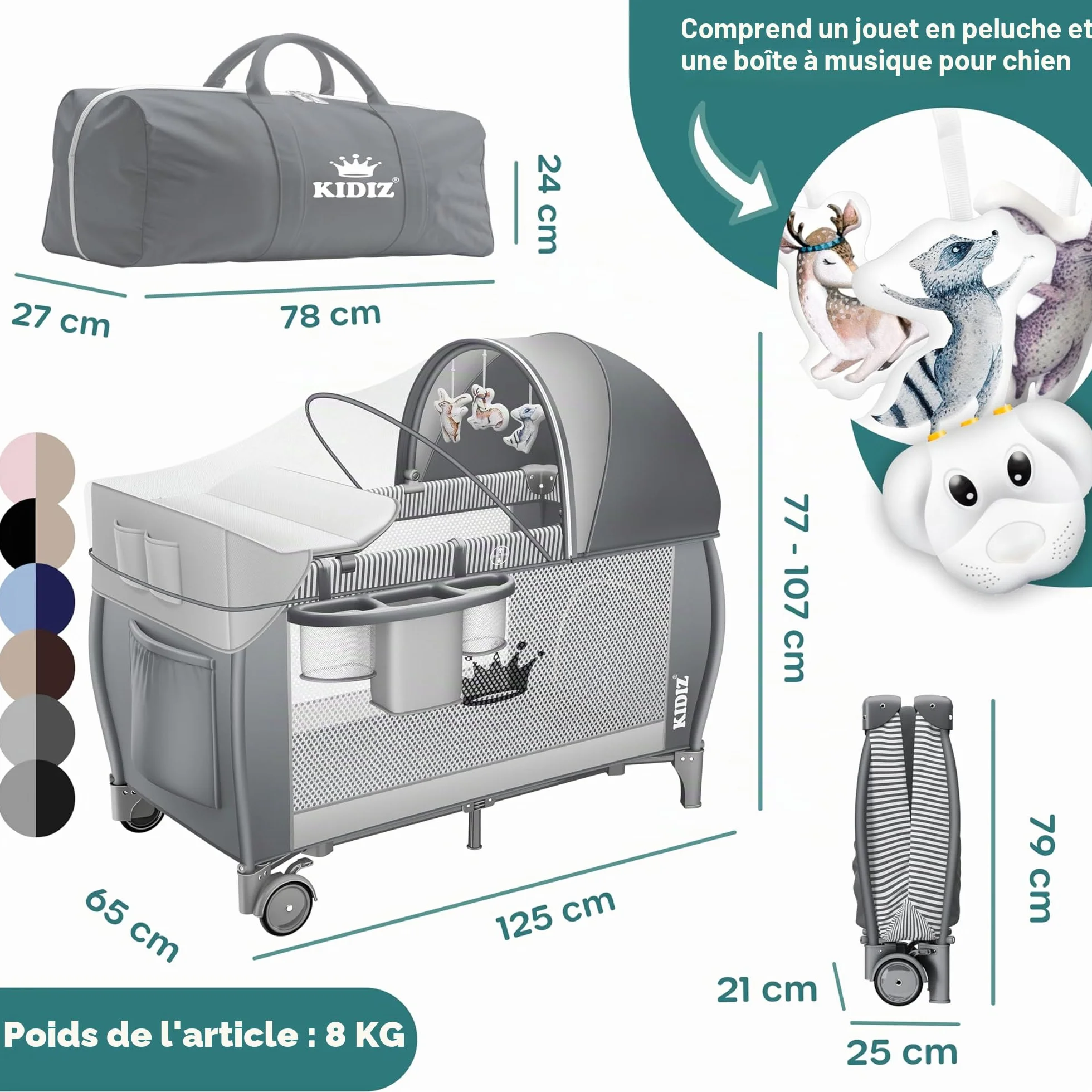 KIDIZ® Lit de Voyage 3 en 1 Parc Pliable avec Matelas à Langer, Moustiquaire, Gris de la Naissance à 15 kg